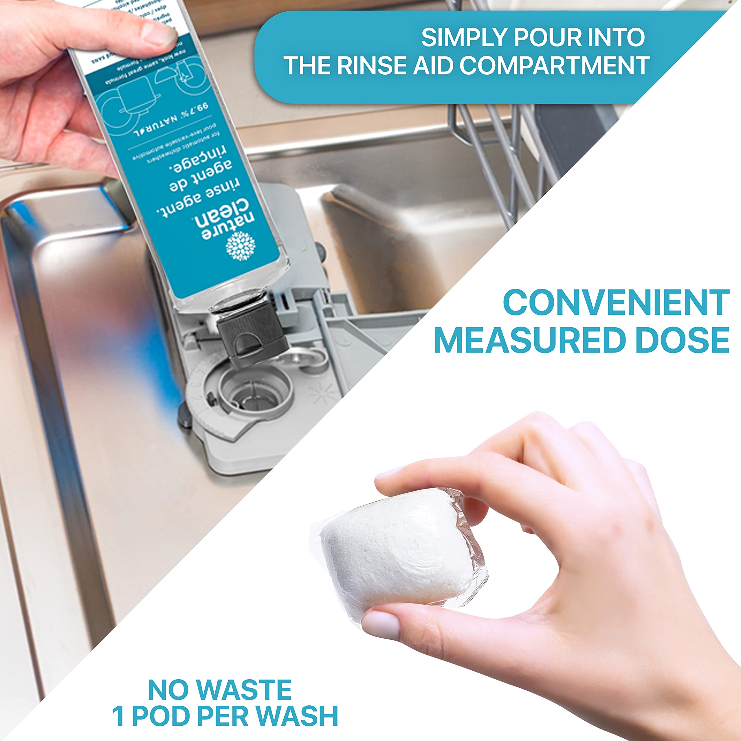 NATURE CLEAN Plant-Based Dishwasher Detergent Pods & Rinse Aid Set - Fragrance-Free, Organic, Eco-Friendly (60 Pods + 8oz) - Perfect for Sensitive Skin & Sustainable Kitchen Cleaning