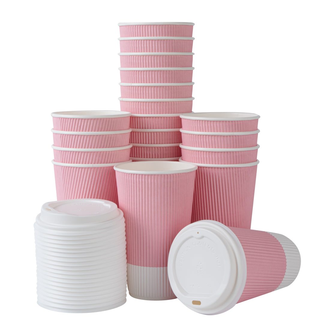 16 oz Light Pink Ripple Wall Paper Coffee Cups with White Lids - 200 Count Bulk Pack (3.5