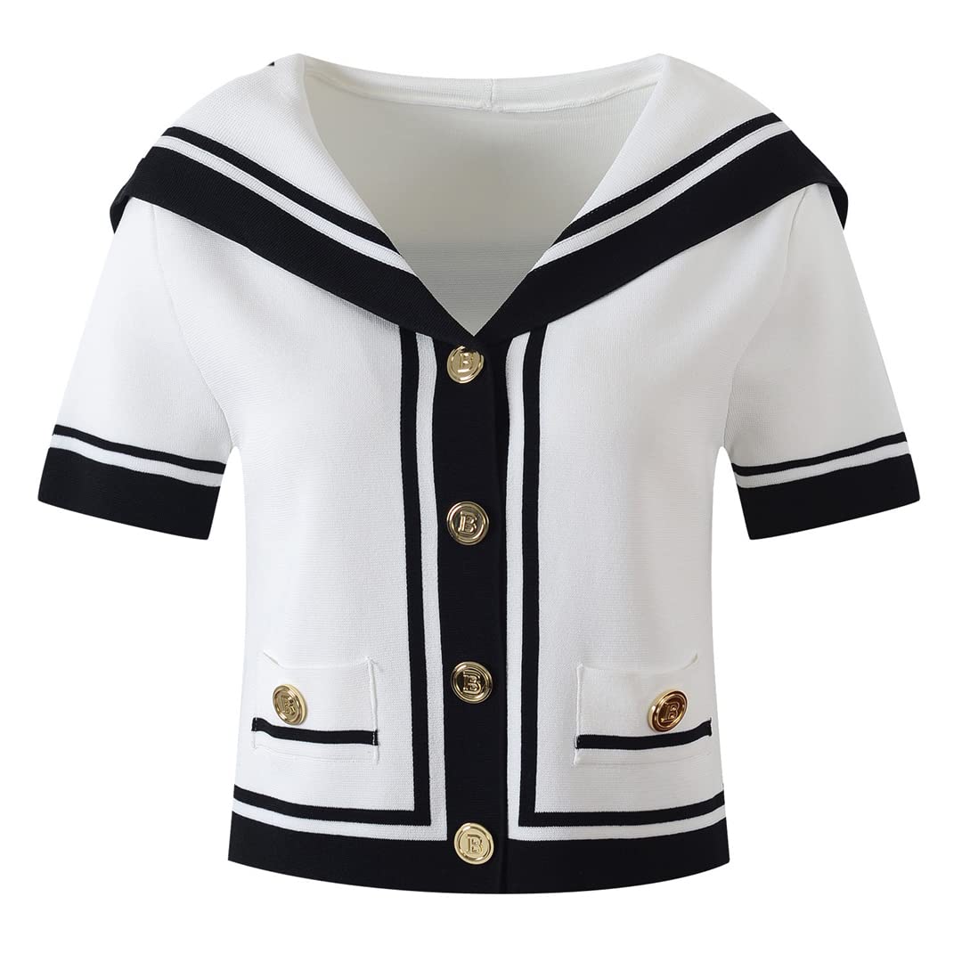Korean Striped Knitted Cardigan for Women - Summer Short Sleeve Blue Top | Casual Outfit & Beach Cover-Up