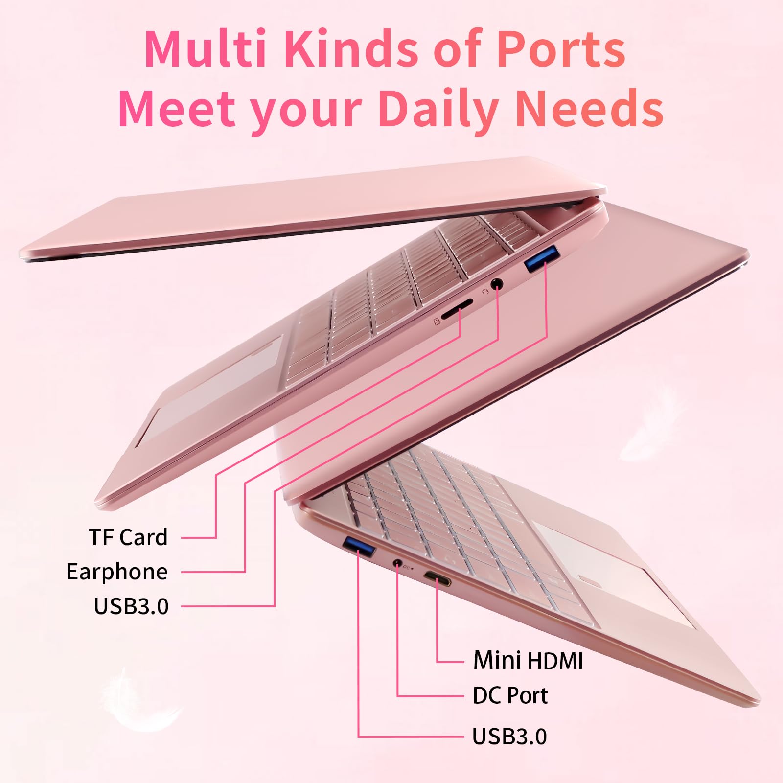 UDKED 14 Inch 2.5K Laptop - 16GB RAM, 256GB SSD, Intel N95 Processor (Up to 3.4GHz) with Colorful Backlit Keyboard, 2560×1440 IPS FHD Display, USB 3.0 x2, WiFi - Rose Gold Ultrabook | Perfect for Work, Study & Entertainment