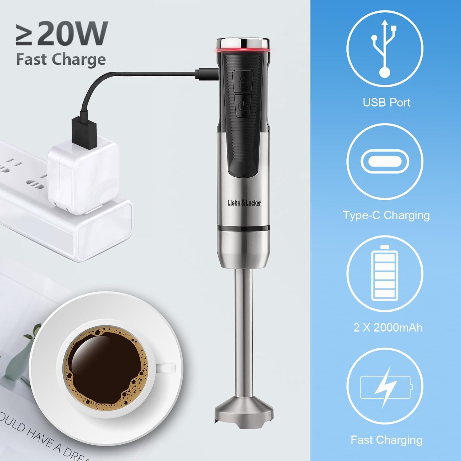 Liebe&Lecker Cordless Hand Blender - USB Rechargeable Immersion Blender with 8 Speed Settings, Whisk & Milk Frother Attachments | Perfect for Smoothies, Soups, Milkshakes & Baby Food | Portable Stick Blender for Kitchen, Camping & Travel