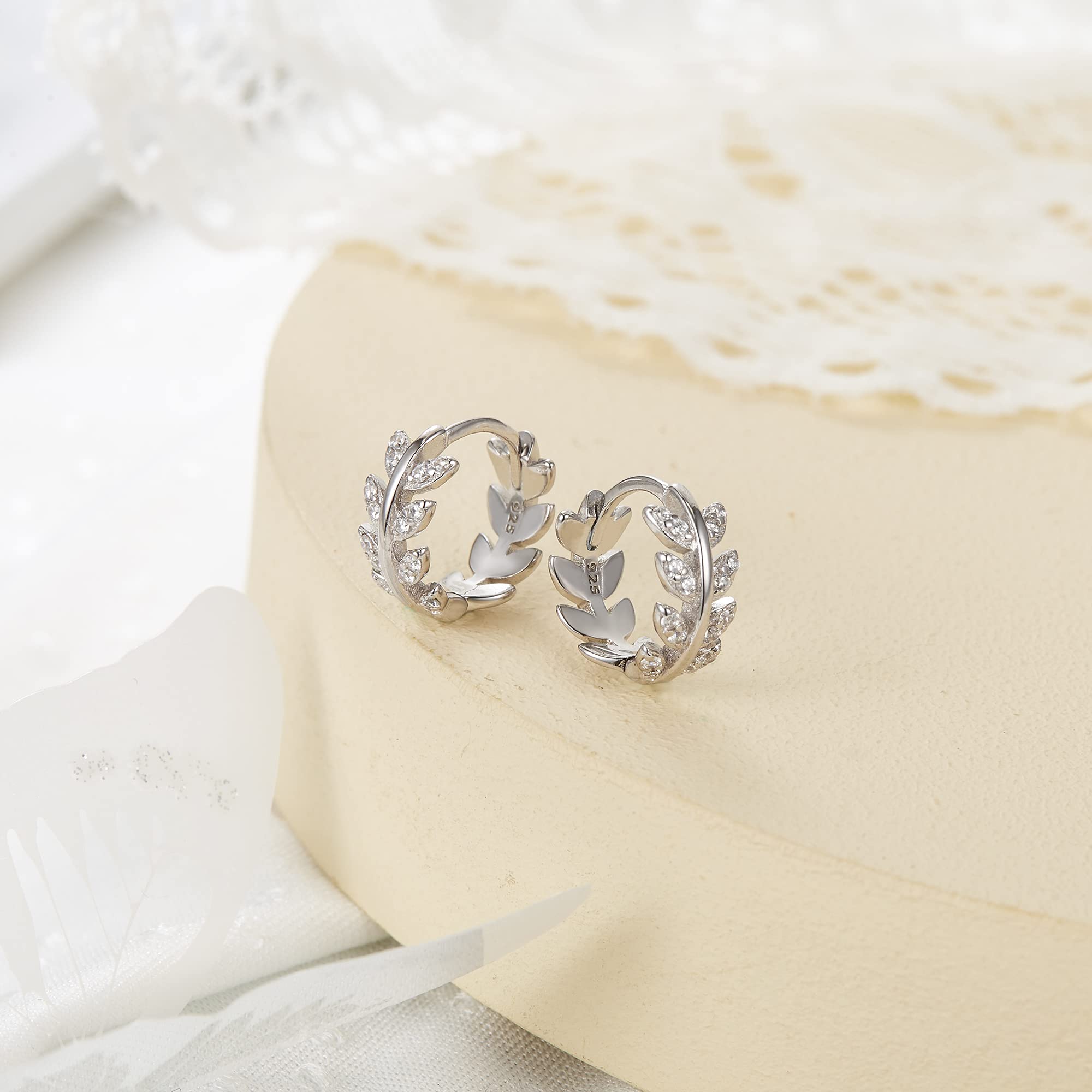 925 Sterling Silver Hoop Earrings for Women - Gold & Silver Leaf Cubic Zirconia Stud Earrings, Dainty Jewelry Gift for Birthday, Holiday, Anniversary | Perfect for Everyday Wear, Parties & Special Occasions