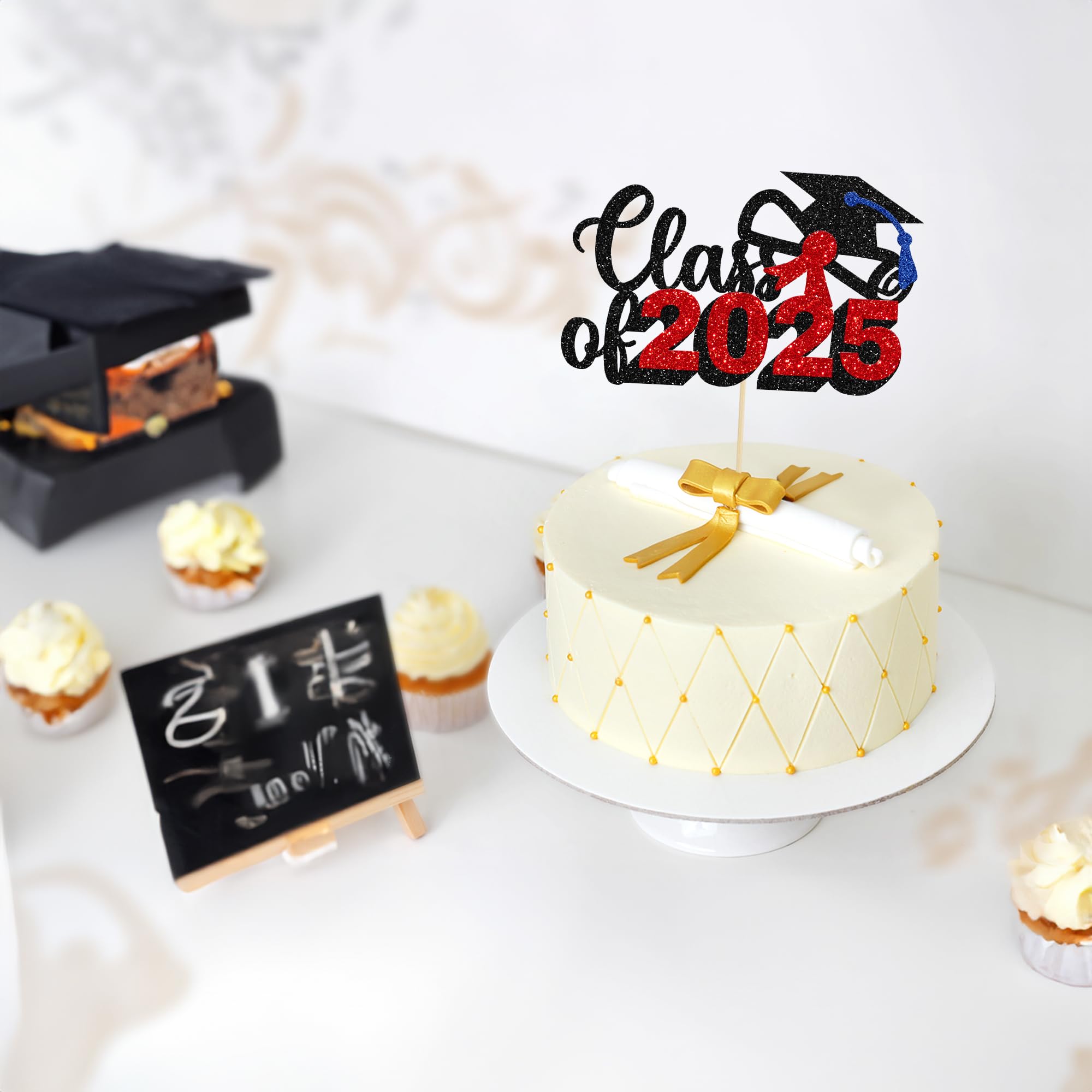 Class of 2025 Graduation Cake Topper - Red Glitter Diploma & Cap Cake Decorations for 2025 Graduation Party, Birthday, Celebration (1 Pack) - Perfect for Graduation Cakes, Cupcakes and Dessert Table Displays