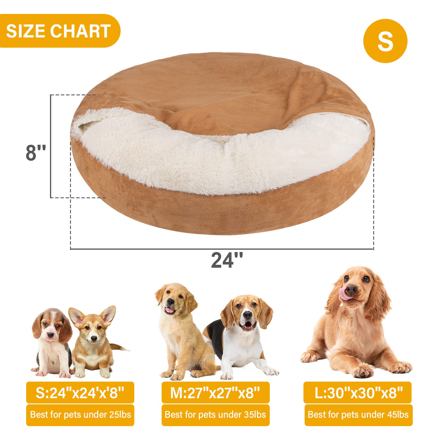 MICOOYO Small Dog Bed with Hooded Blanket - 24 Inch Round Donut Cuddler Pet Bed for Puppies & Cats, Washable & Comfortable (Khaki) - Perfect for Indoor Lounging, Crate Training & Cozy Napping