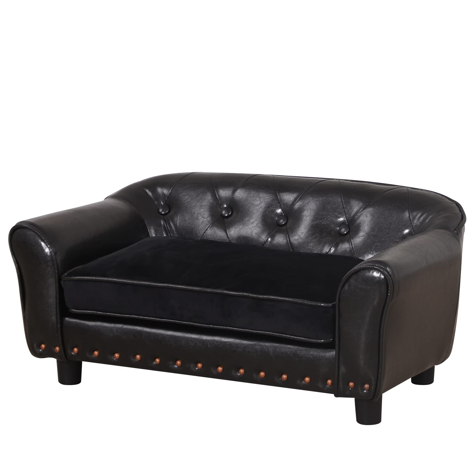 Premium Small Pet Couch Bed for Dogs & Cats - Wooden Frame with Copper Nails, Leather Fabric & Cushion - Cozy Sofa Chair for Puppies & Kittens - Perfect for Living Room, Bedroom or Pet Play Area (Black)