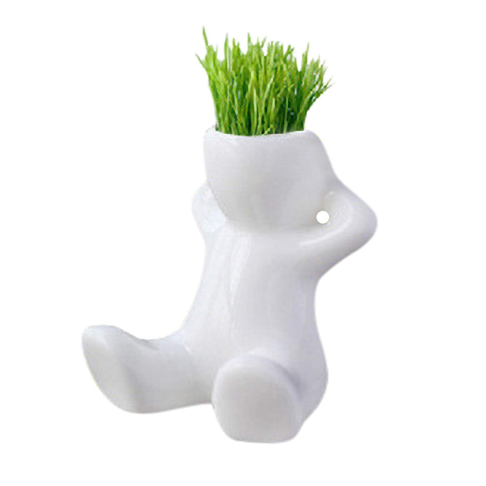 Mini Bonsai Head Grass Doll Planter - Modern White Ceramic Flower Pot for Succulents, Air Plants & Small Plants | Cute Home Office Desk Decor, Unique Garden Gift Idea