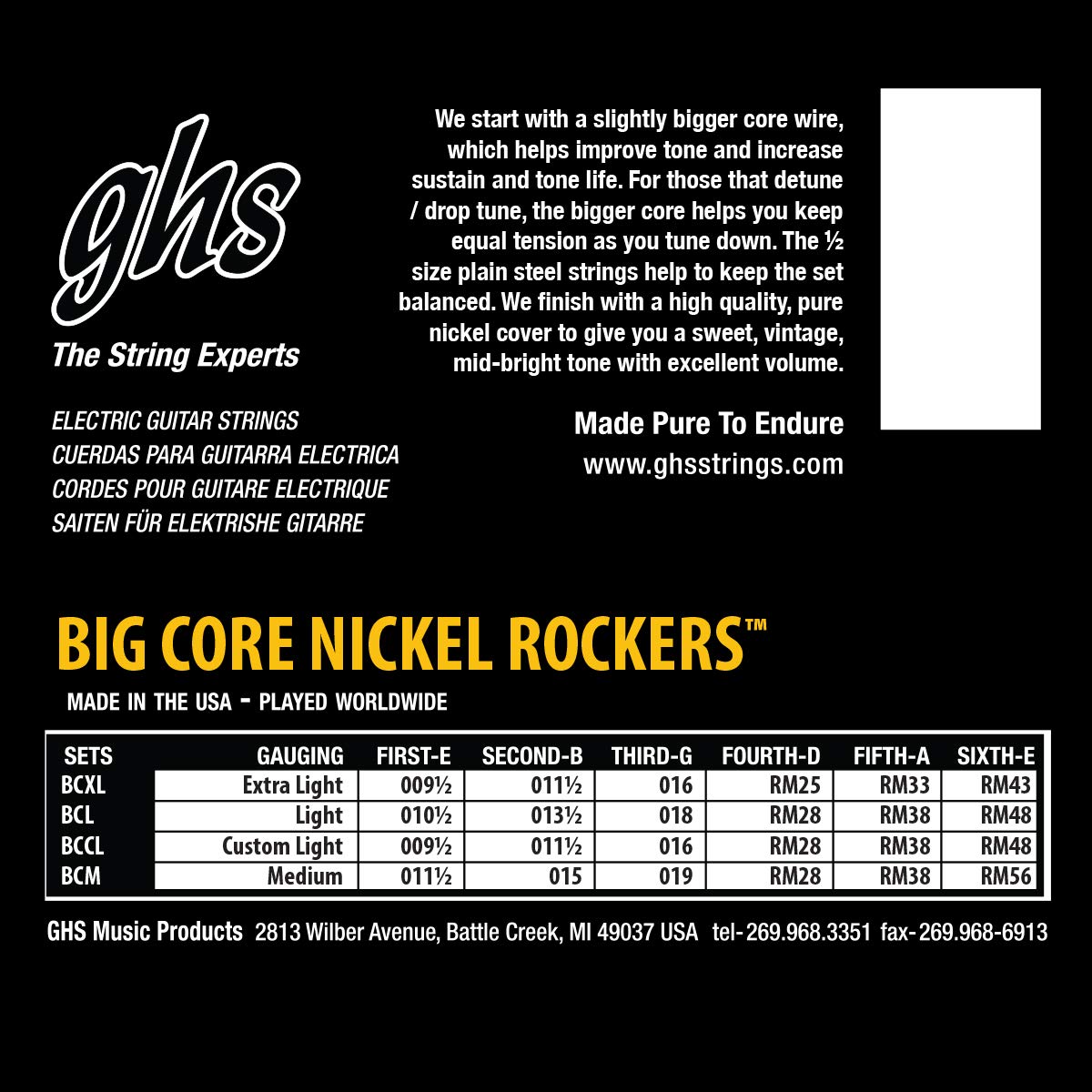 GHS Strings BCL Big Core Nickel Rockers - Pure Nickel Electric Guitar Strings Light Gauge (.010-.048) for Rock, Blues & Metal Performance