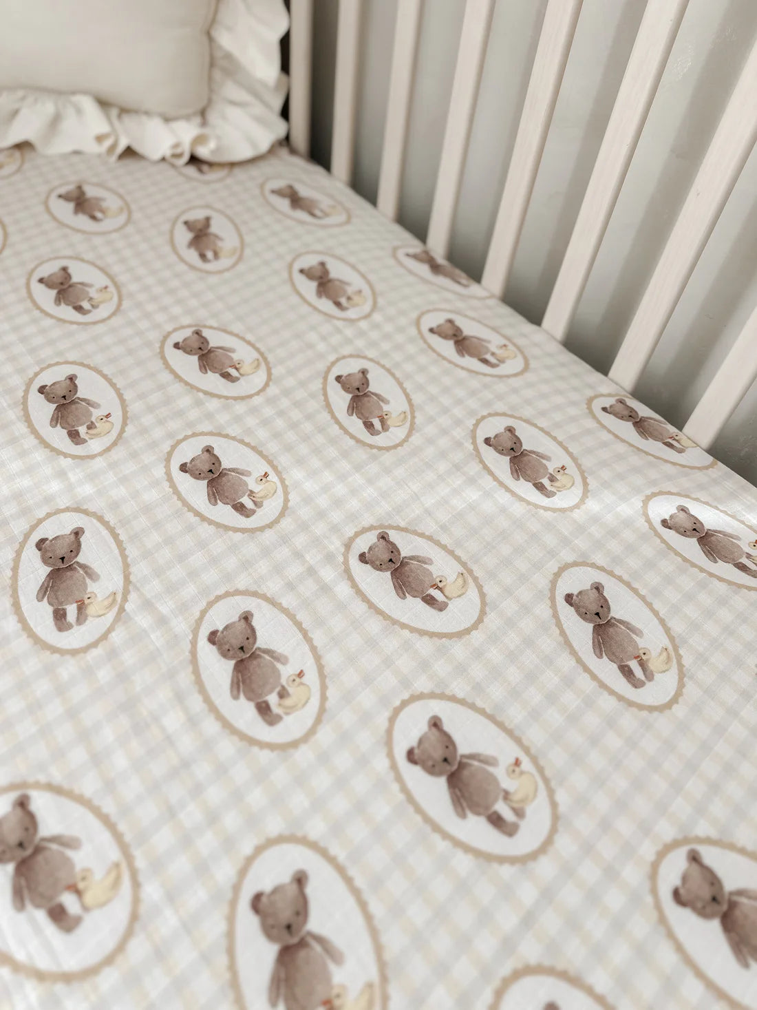 Organic Muslin Cot Sheet for Babies - Soft & Breathable Pop Ya Tot Design with Ted & Duck - Perfect for Nursery, Crib, and Travel Use
