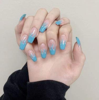 24pcs Short Fake Nails with Fire Pattern Design - Pre-glued Artificial Nails for Women - Full Cover Nail Tips for Manicure & Nail Art - Perfect for Parties, Weddings and Daily Wear