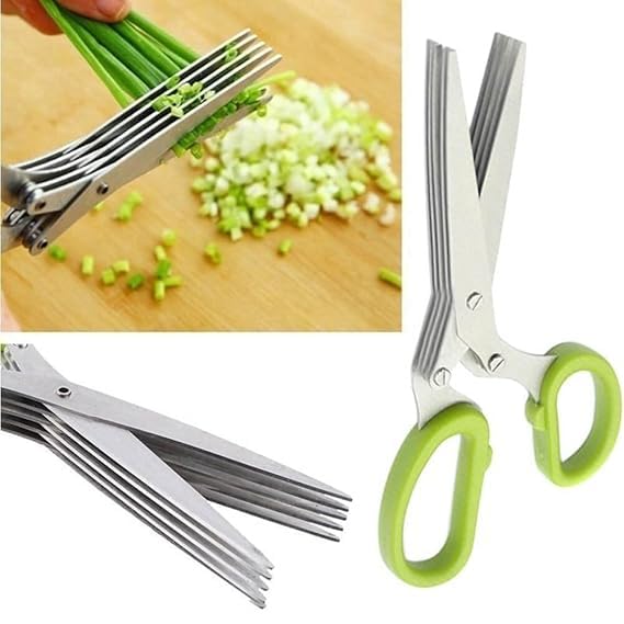 5-in-1 Multi-Purpose Stainless Steel Kitchen Scissors - Herb Cutter, Vegetable Chopper, Spice Grinder with Cleaning Brush - Perfect for Cooking, Meal Prep & Food Processing - Pack of 1