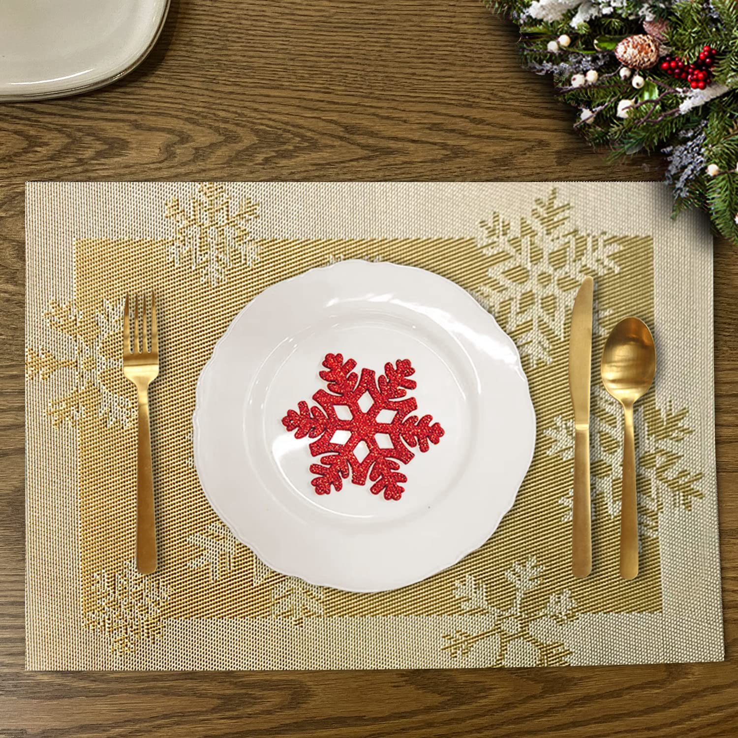 6-Piece Christmas Woven Vinyl Non-Slip Placemats Set - Washable & Anti-Skid Table Mats for Kitchen Dining, Holiday Decor (Snow Gold) | Perfect for Festive Dinner Parties & Family Gatherings