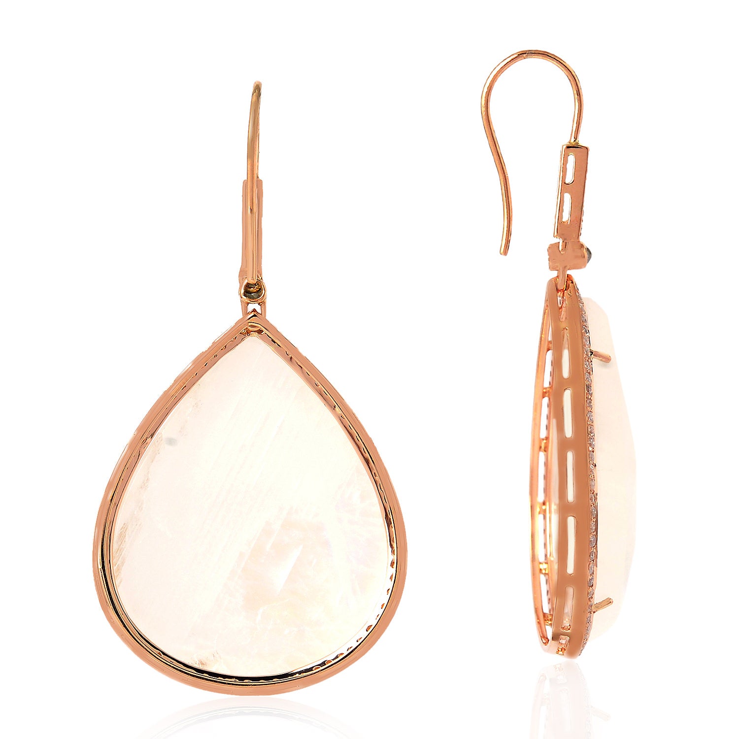 18K Rose Gold Moonstone and Diamond Fish Hook Earrings – Elegant Dangle Earrings for Women, Perfect for Weddings, Parties, and Special Occasions