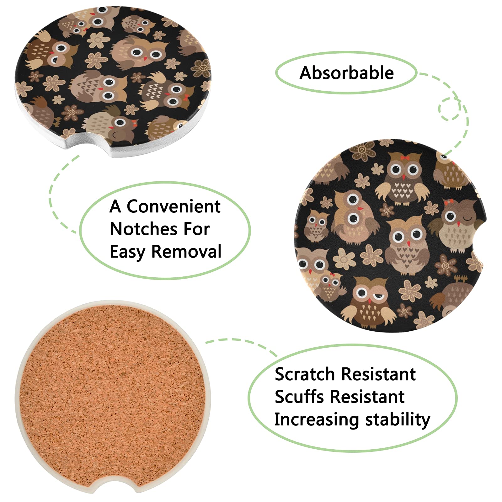 Xigua Cute Owl Car Coasters 2 Pack - Absorbent Ceramic Stone Cup Holders for Cars with Non-Slip Grip - Perfect for Coffee, Soda & Water Bottles in Vehicles
