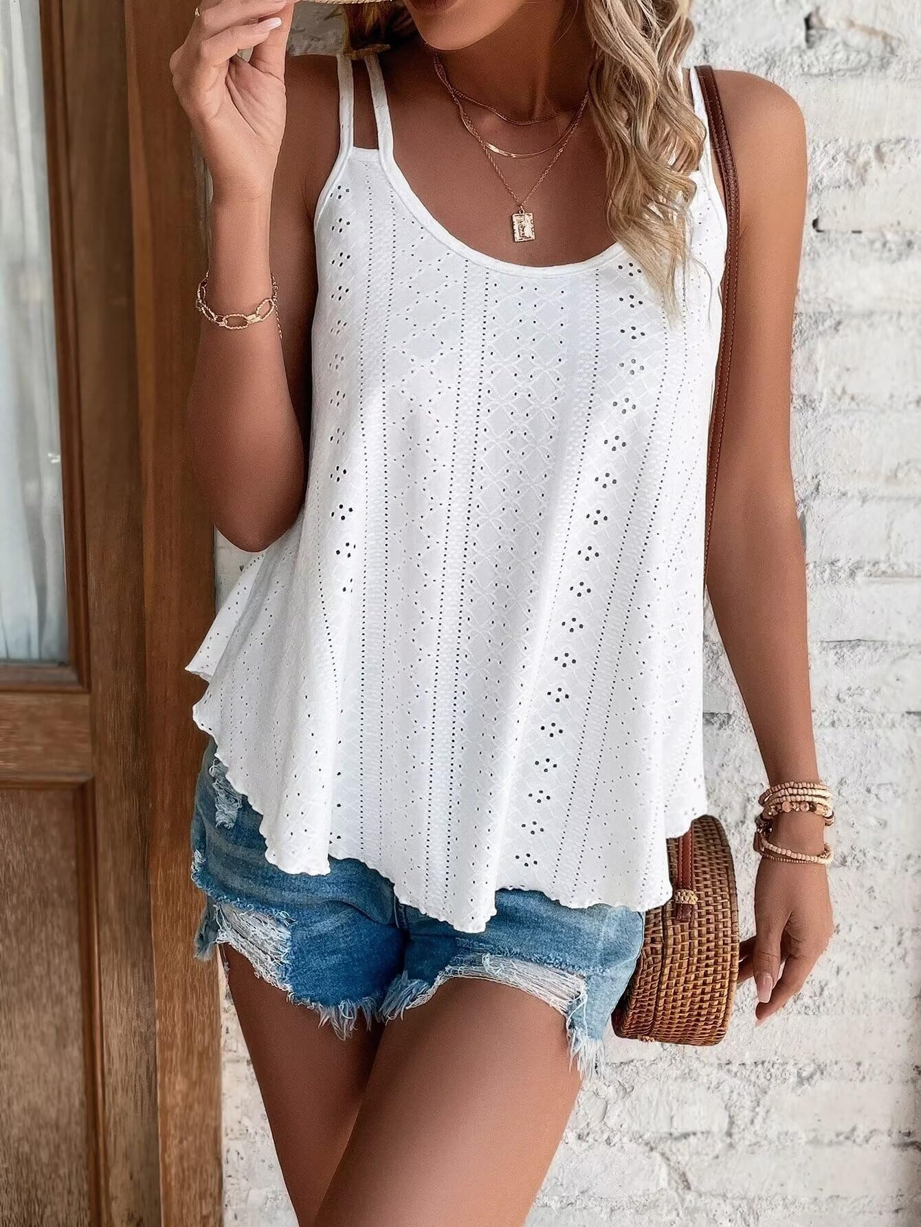 Bliwov Women's Eyelet Embroidery Spaghetti Strap Tank Top - Loose Sleeveless Cami for Beach Cover Up, Summer Swimwear & Spring Outfits | Casual Wear, Vacation Essentials, Poolside Fashion