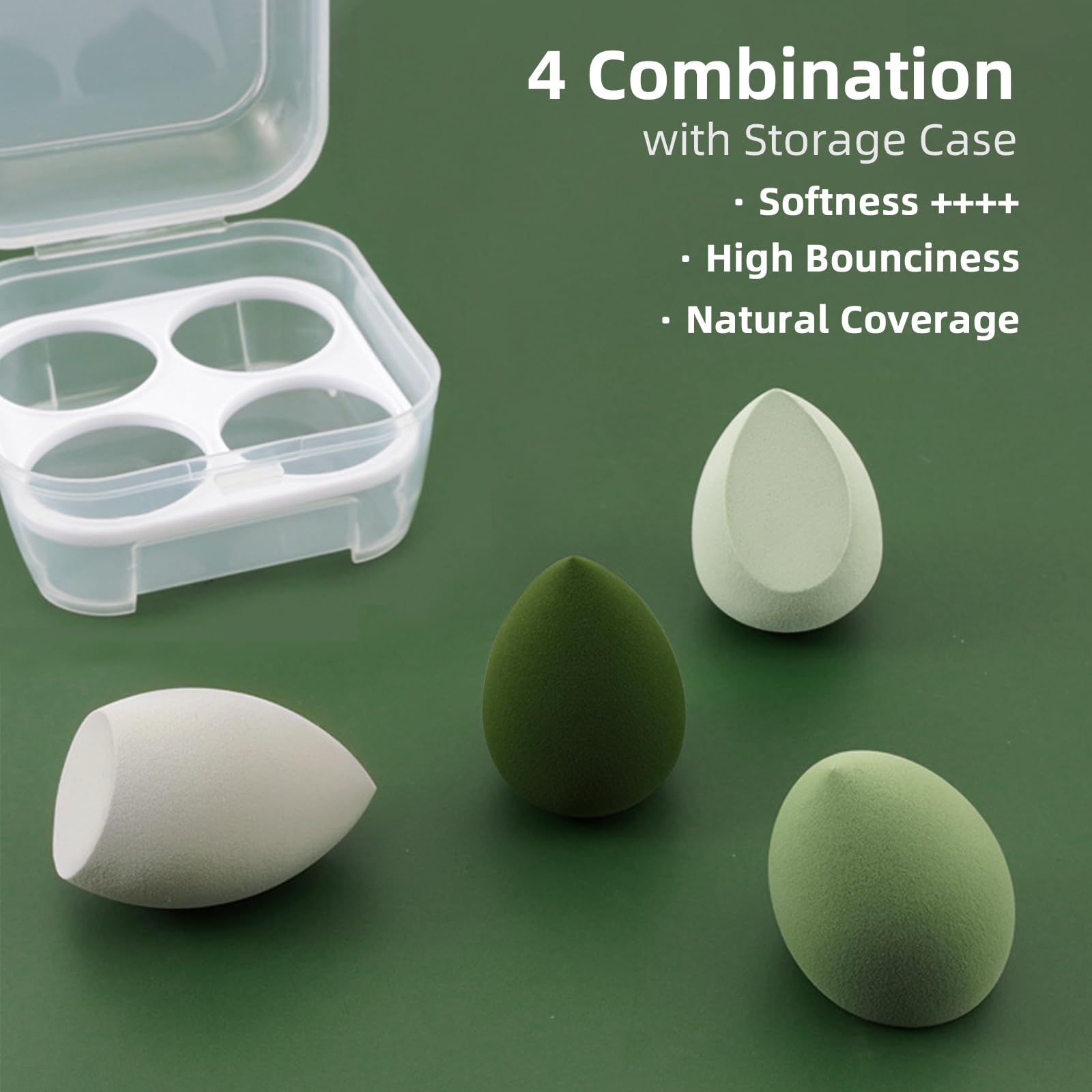 4-Piece Makeup Sponge Set with Storage Case - Latex-Free Beauty Blender for Liquid Foundation, BB Cream & Concealer | Flawless Application for Dry & Wet Use | Perfect for Baking, Contouring & Everyday Makeup (Green)