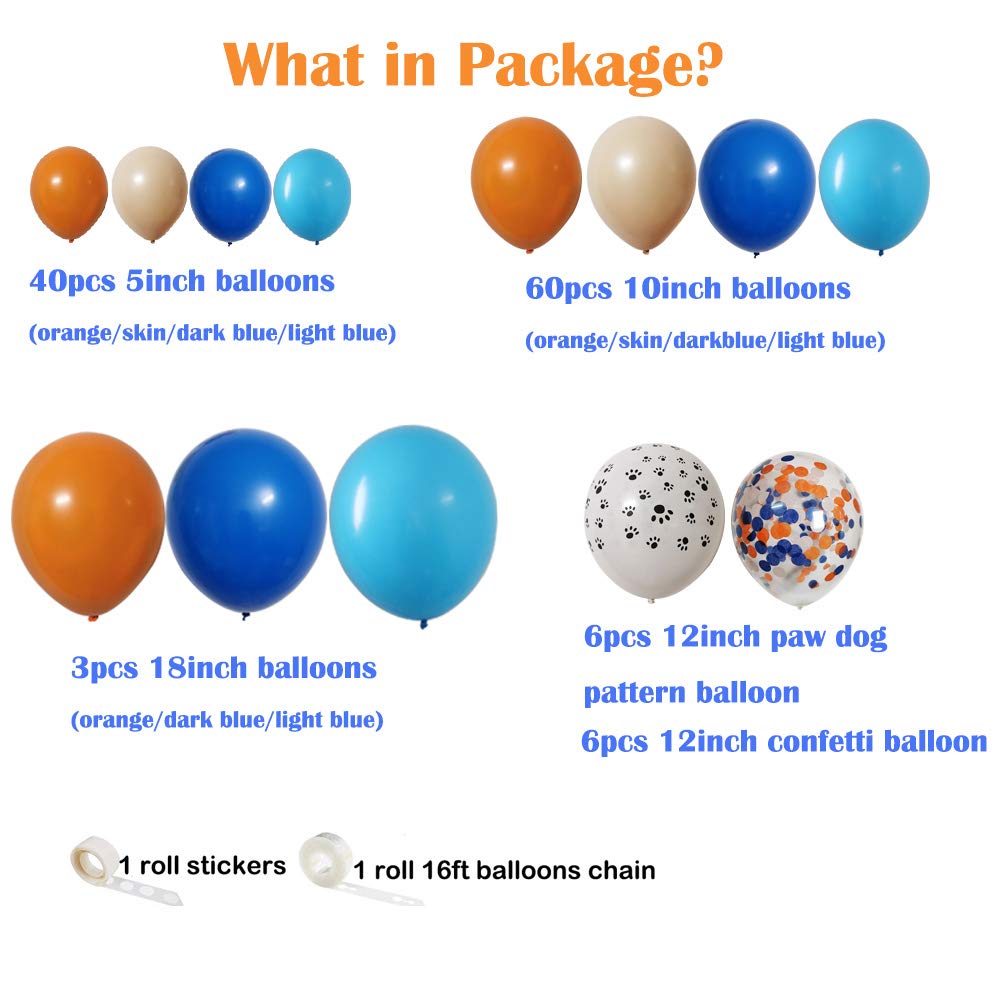 115 Pack Blue & Orange Dog Theme Party Balloons Garland Decorations - 18