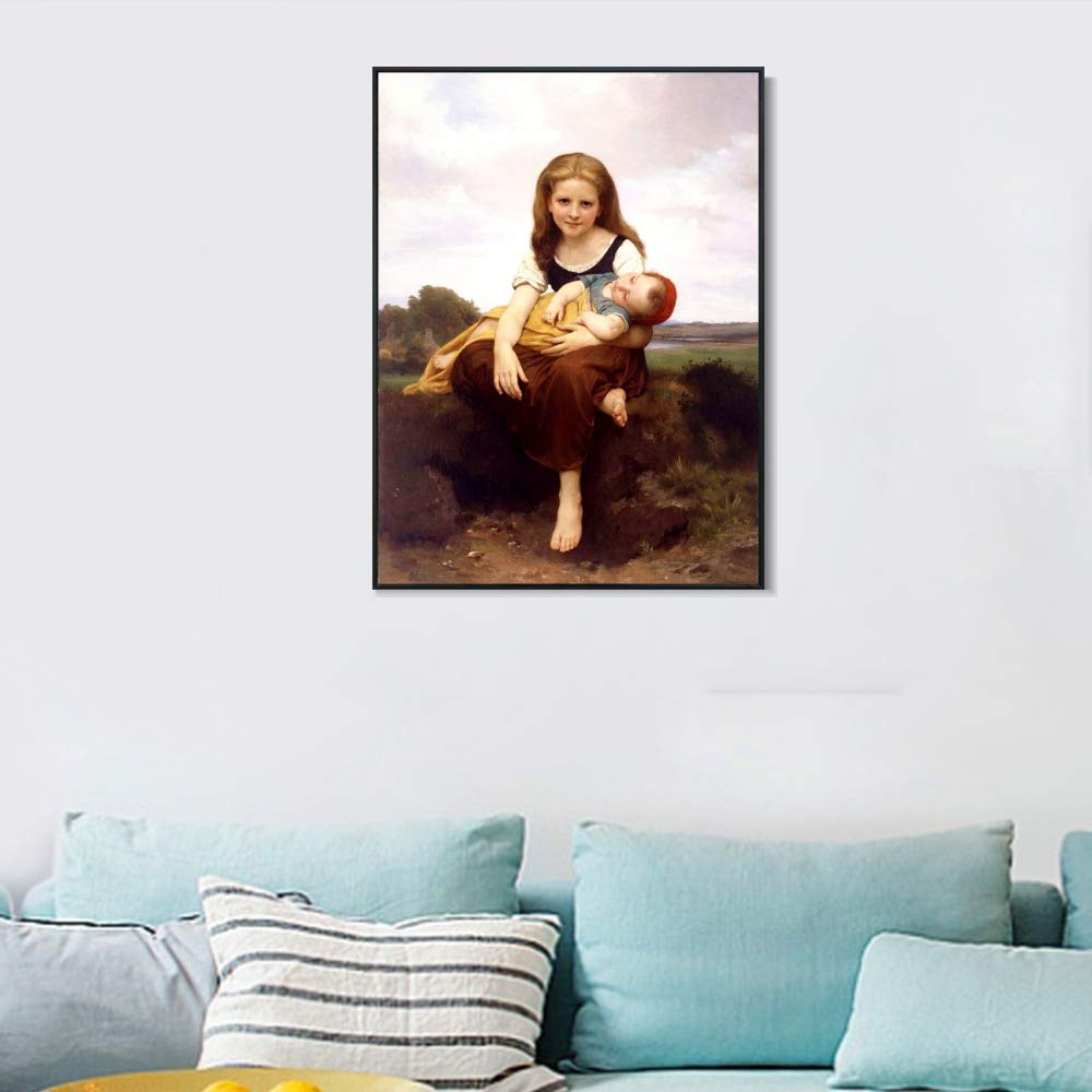 INVIN ART Framed Canvas Giclee Print - The Elder Sister by William Adolphe Bouguereau - Premium Wall Art for Living Room, Bedroom & Home Office Decor (Black Slim Frame, 20x24 Inches) - Perfect for Classic Interior Design & Art Lovers