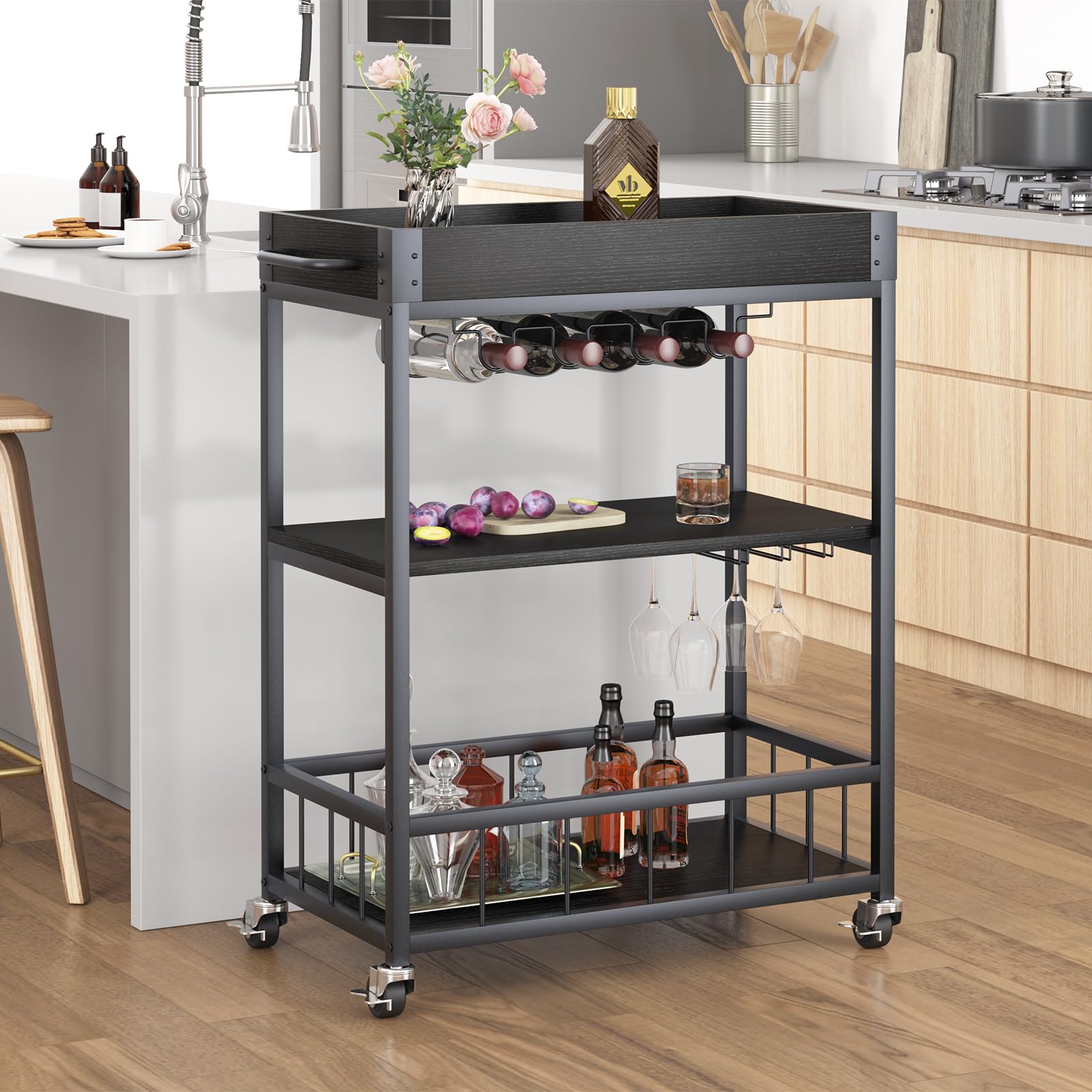 Vintage Style 3-Tier Bar Cart with Wheels - Mobile Serving Cart for Wine, Drinks & Kitchen - Wood & Metal Rolling Trolley for Living Room, Dining Room & Home Entertaining