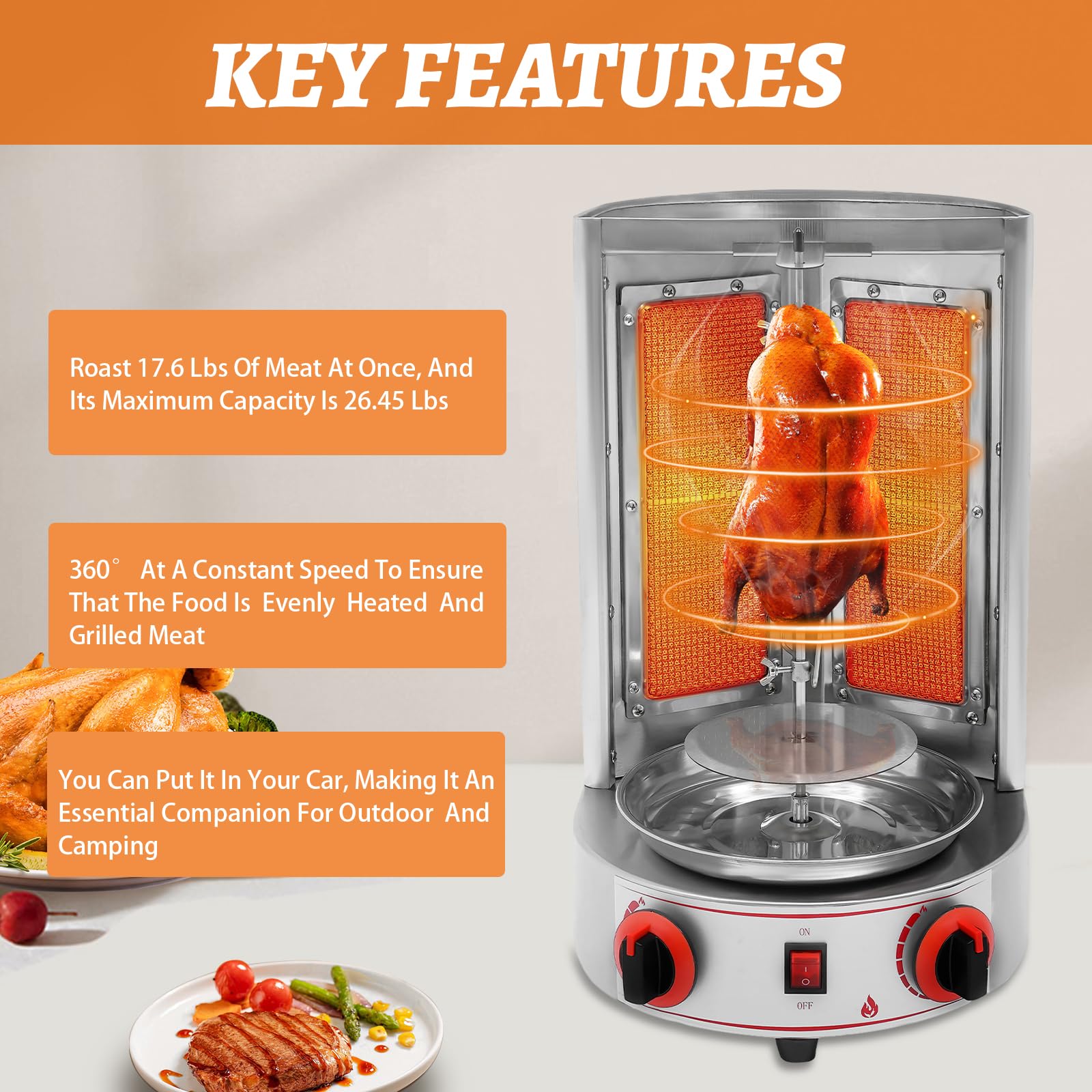 Commercial & Home Use Shawarma Grill Doner Kebab Machine - 2 Burner Vertical Rotisserie for Turkish Chicken, Beef & Lamb - Perfect for Restaurants, Food Trucks & Outdoor BBQ Parties