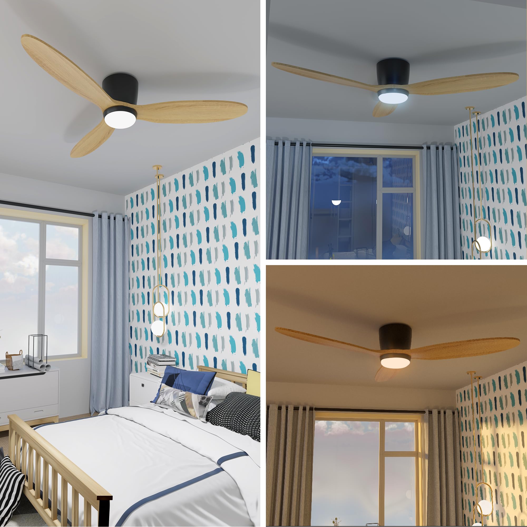 52 Inch Flush Mount Ceiling Fan with Light - Low Profile DC Motor Fan with Remote Control, 6 Speeds & 3 Color Lighting Options, Wood Blades in Modern Matte Black - Perfect for Outdoor, Patio, Bedroom and Living Room Spaces
