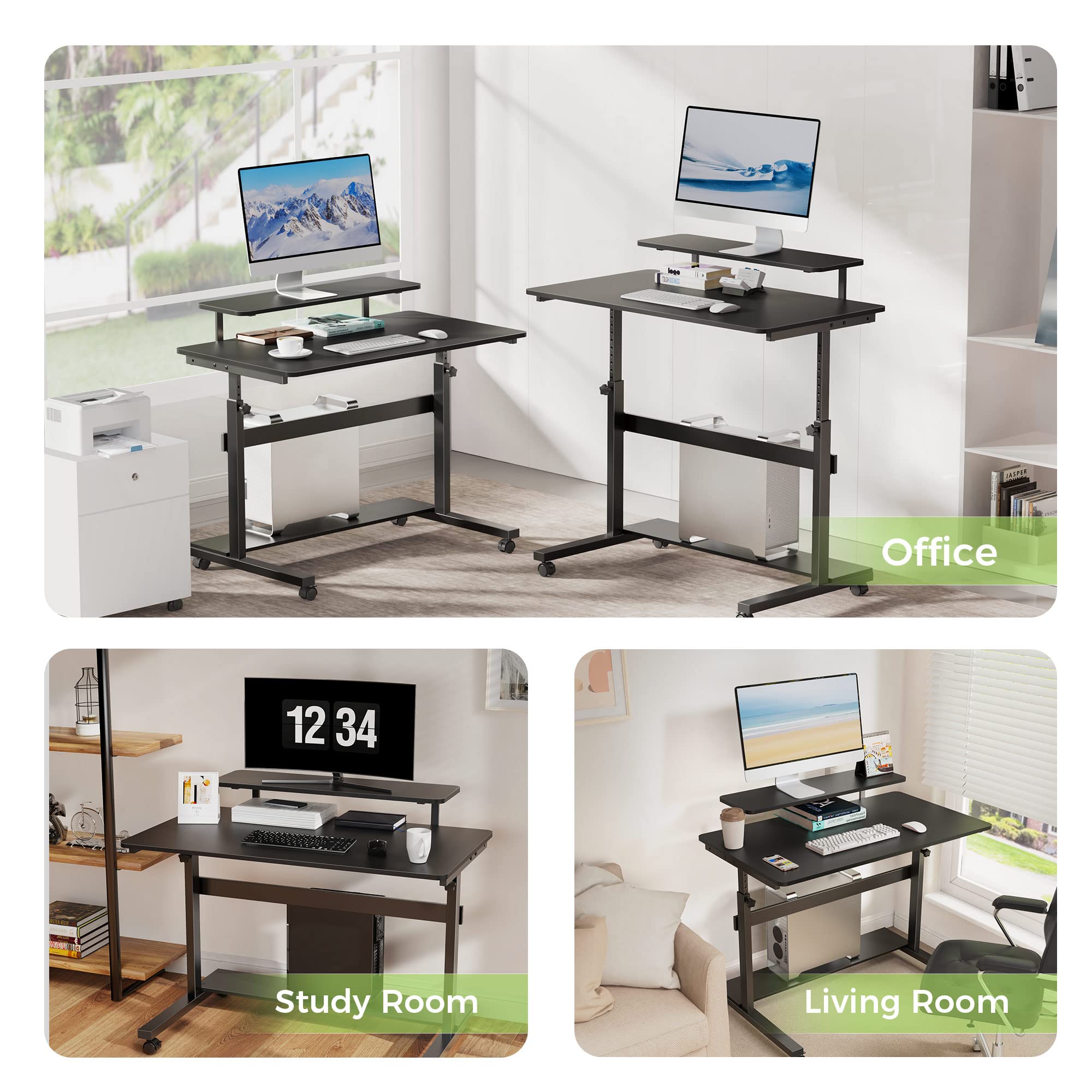 Eureka Ergonomic 41-Inch Adjustable Height Computer Desk with Hutch, CPU Stand & Lockable Wheels - Rolling Sit Stand Desk for Home Office - Black | Perfect for Small Spaces & Remote Work