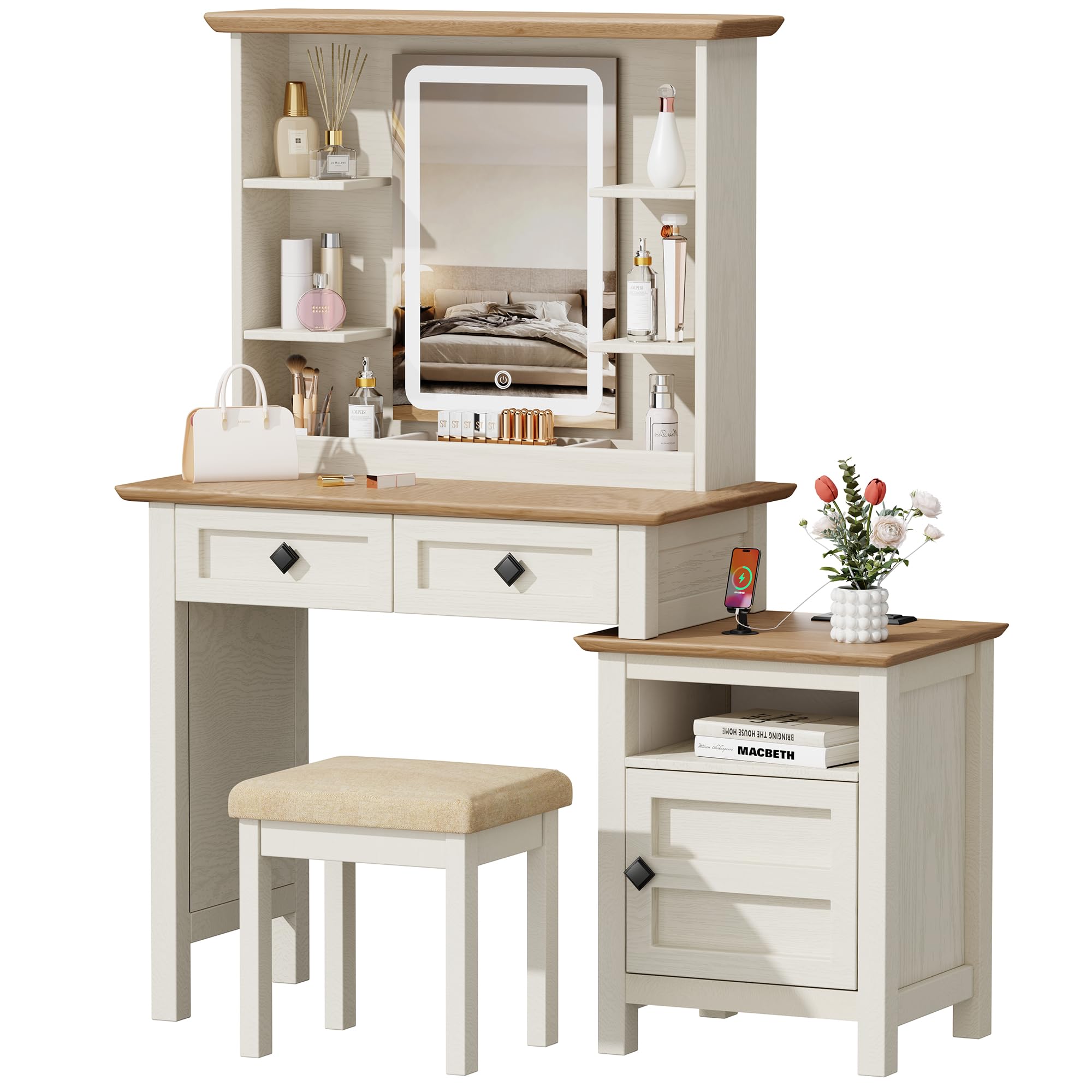 BEWISHOME Farmhouse Vanity Desk with Charging Station & Stool - Antique White Makeup Table with LED Lights (3 Color Options) - Perfect for Bedroom, Dressing Room & Home Decor