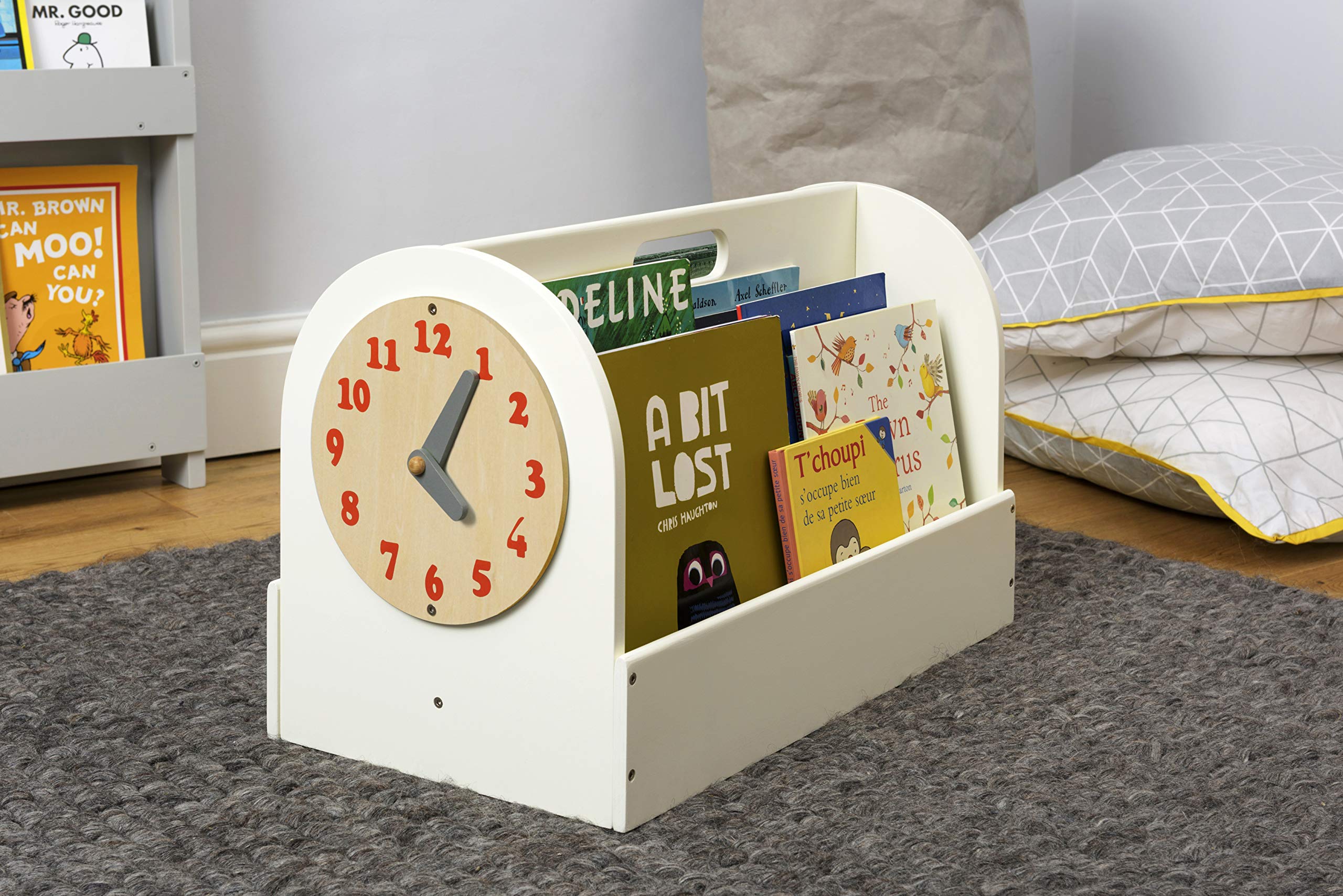 Tidy Books® Wooden Kids Book Organizer & Storage Caddy with Removable Teaching Clock - Eco-Friendly Handmade Bookcase for Children Ages 3-10 (Ivory, 13.8