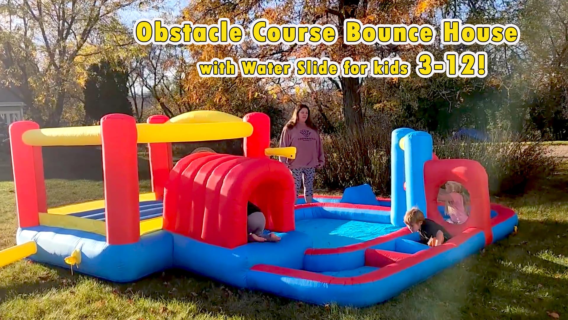 Whubefy 14.3x14.3Ft Inflatable Water Slide Bounce House for Kids Ages 3-12 | Large Backyard Water Park with Obstacle Course, Pool & Sprinkler | Perfect for Summer Parties, Birthdays & Outdoor Family Fun