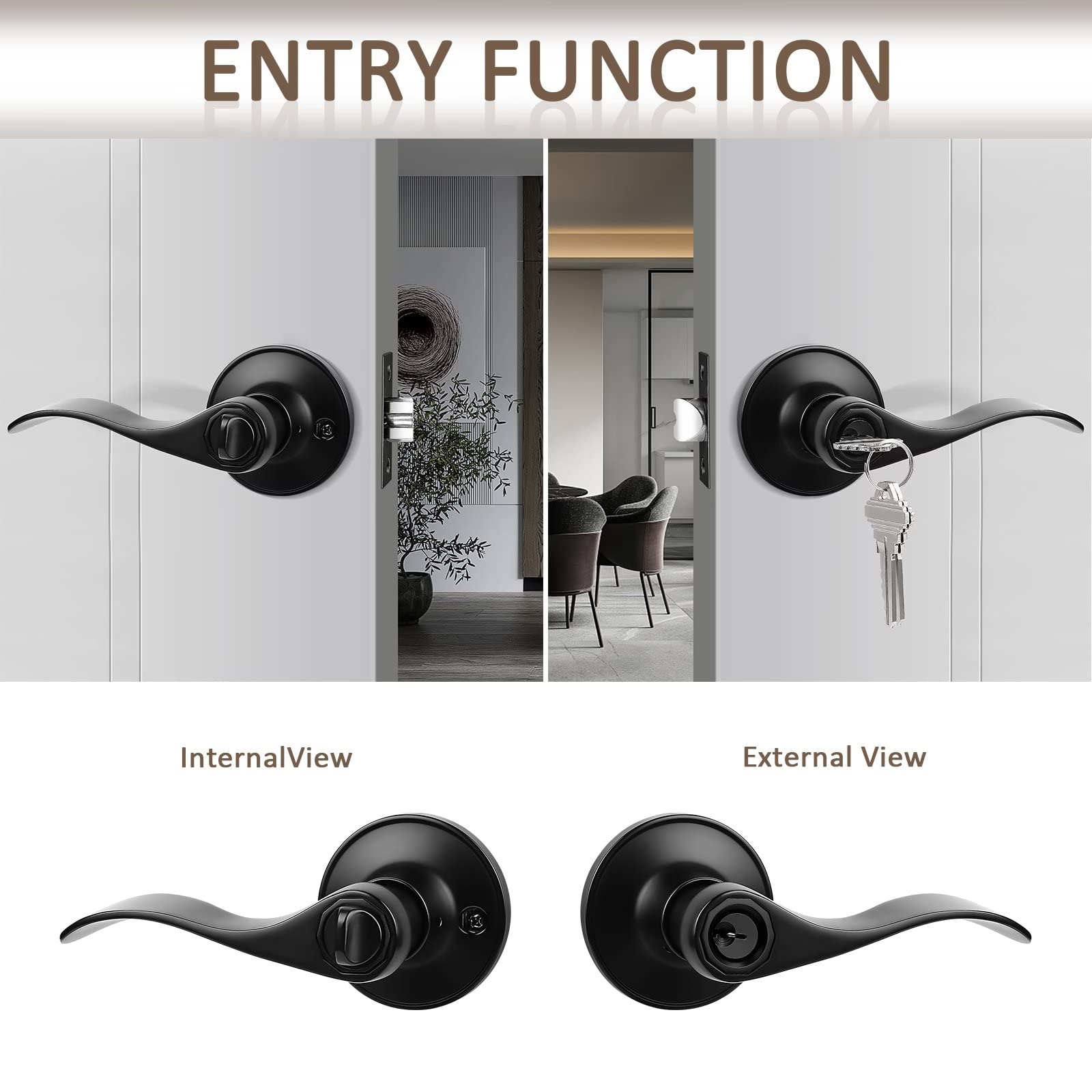 Probrico 1 Pack Black Wave Entry Door Lever Lock with 3 Keys - Reversible Left/Right Handed Office & Front Door Handle Set - Perfect for Homes, Offices & Commercial Buildings Security