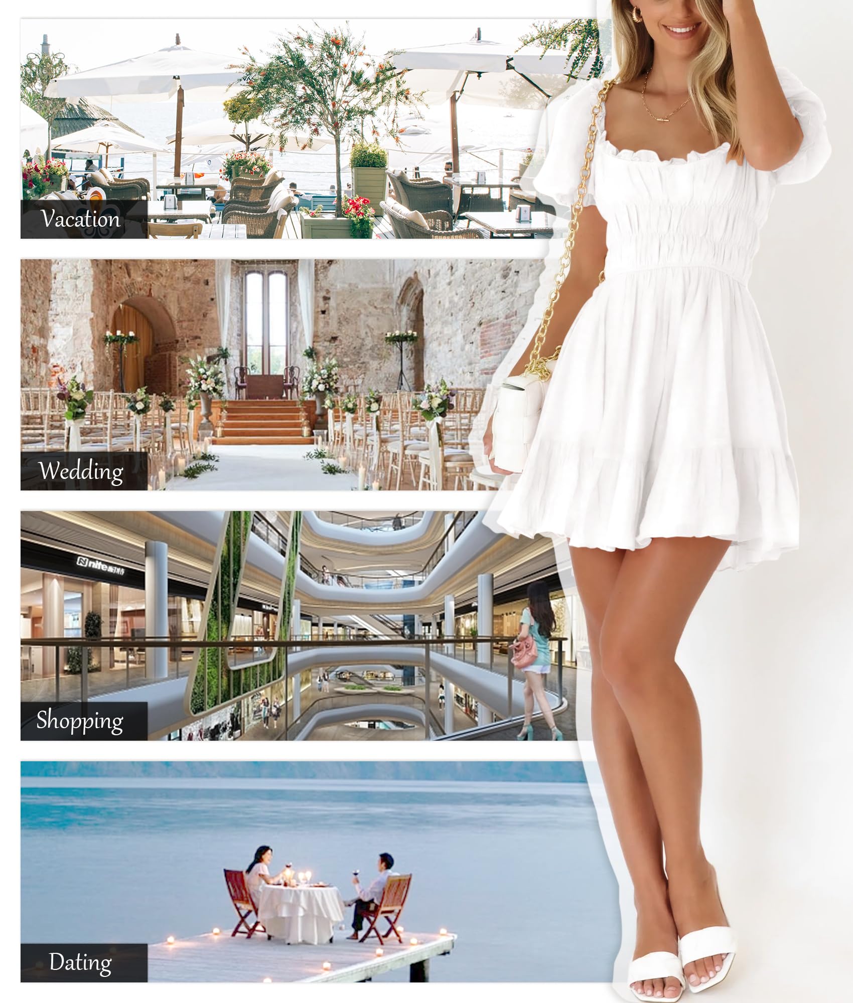 Women's Square Neck Puff Sleeve Mini Dress with Ruffle Detail & Elastic Waist - A-Line Summer Casual Flowy Dress for Beach, Party, Date Night and Daily Wear