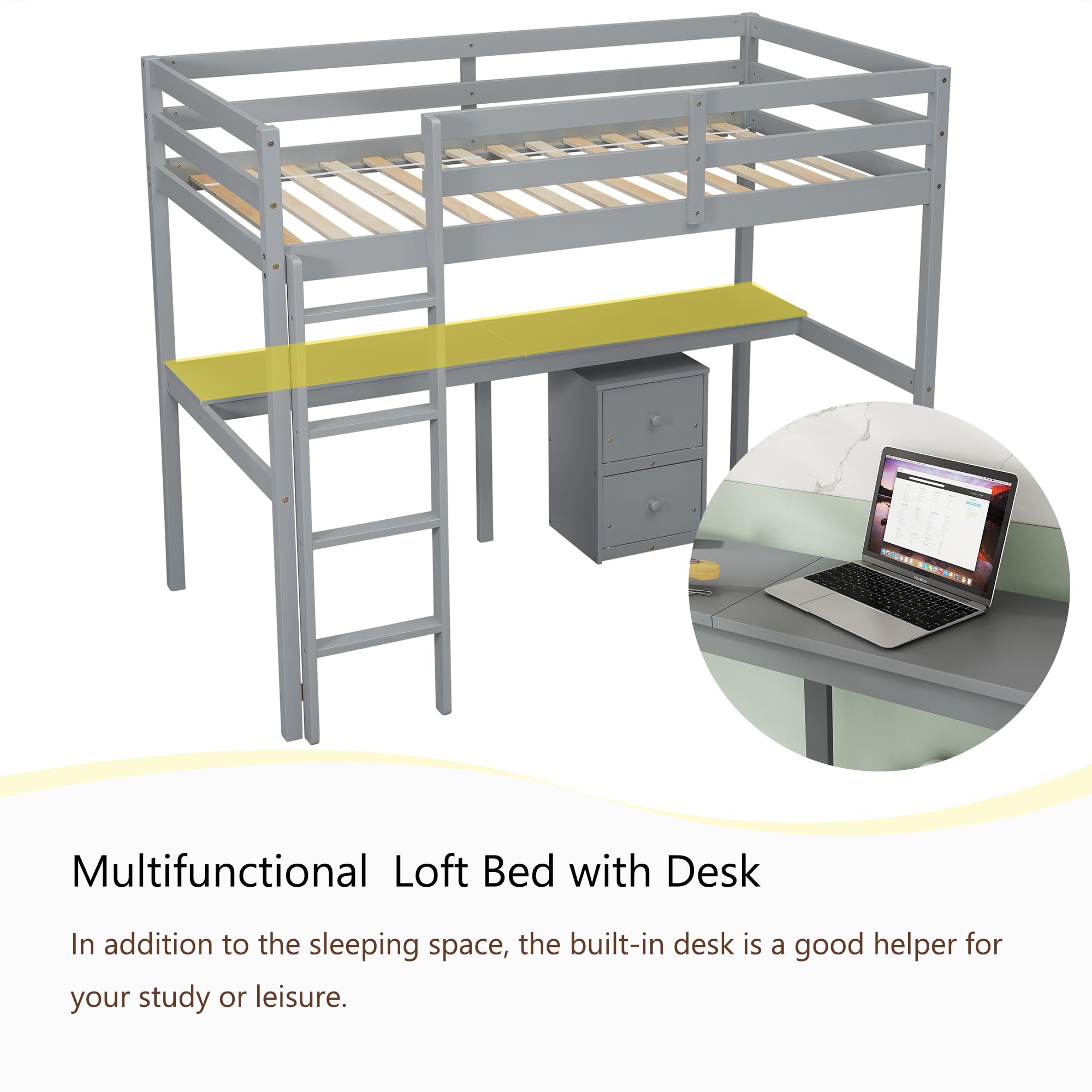 Merax Twin Size Wood Loft Bed with Built-in Desk, 2-Drawer Storage Cabinet, Guardrails & Ladder - Space Saving Bed for Small Bedroom, Dorm or Guest Room (Grey) - Perfect for Study, Sleep & Storage in Compact Spaces