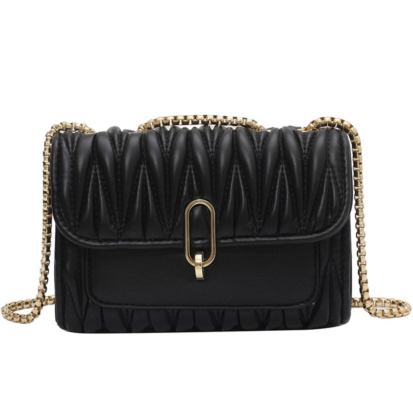 HSRWARE Women's Fashion Handbags - Textured Chain Shoulder Bag, Crossbody Purse with Foldable Square Design, Elegant Black Handbag for Work, Party & Daily Use