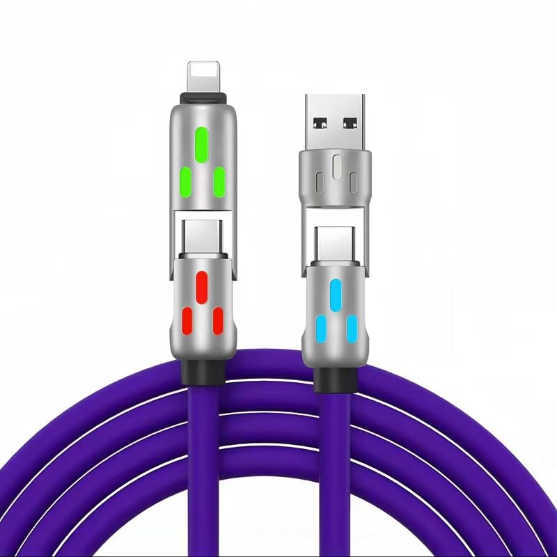 4-in-1 USB Charging Cable with LED Indicator - Fast Charging Type-C/USB-A to Lightning/Type-C Compatible for iPhone/Samsung/Android - Durable Purple Multi-Device Charger for Home, Office & Travel