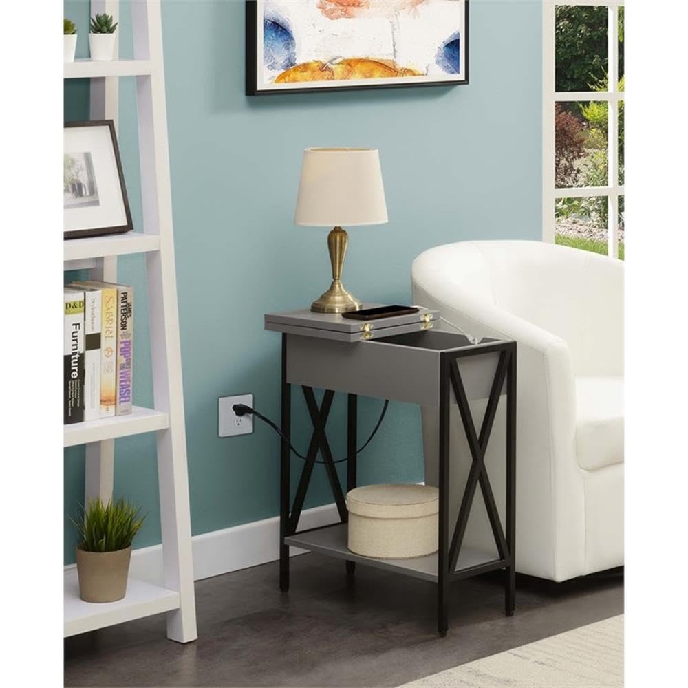 Gray Modern End Table with USB Charging Station & Storage Shelf - Set of 2 Nightstands for Bedroom, Living Room or Office