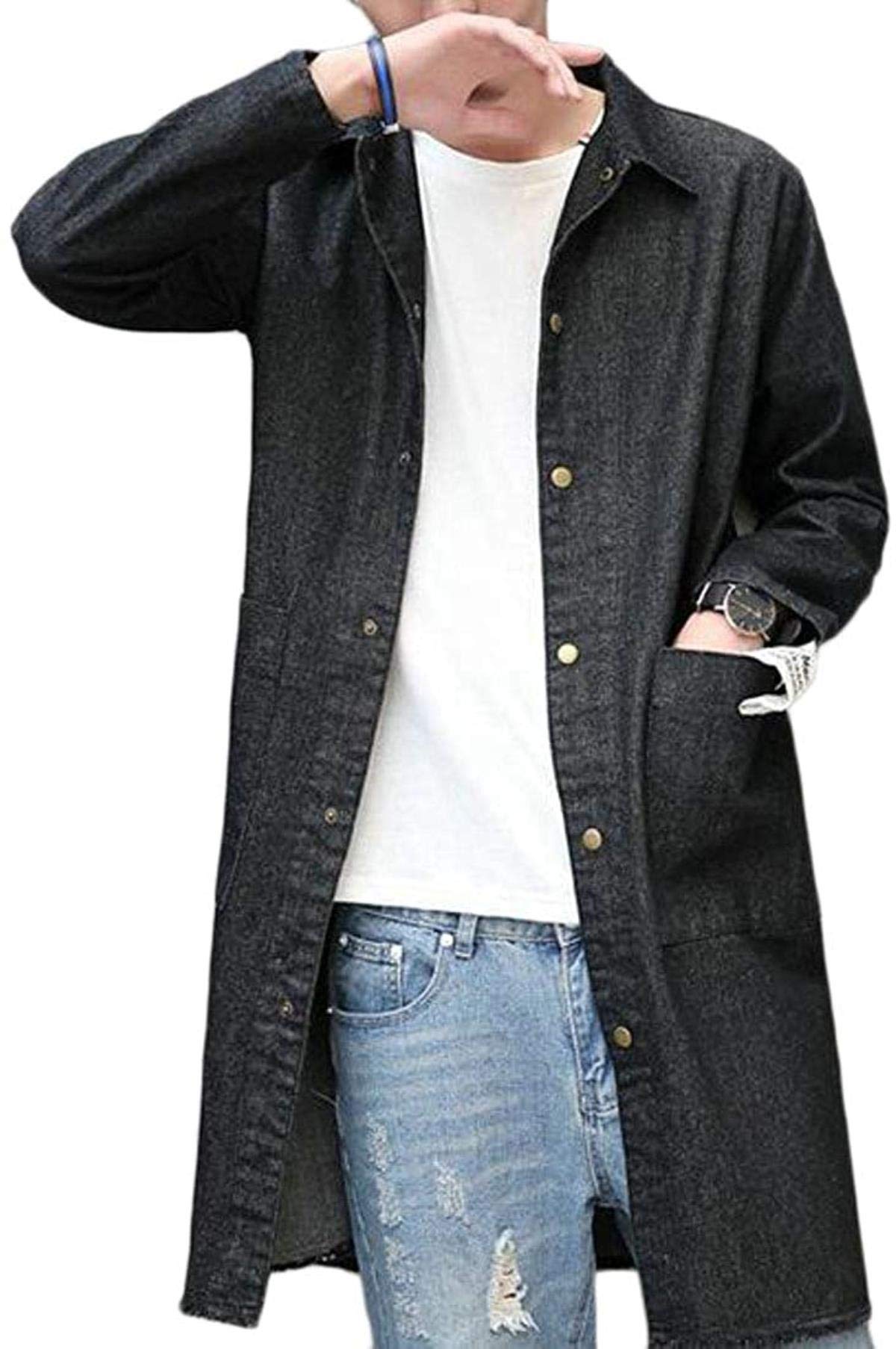 Men's Longline Denim Trench Coat Jacket - Stylish Outerwear with Patches for Casual & Streetwear Fashion - Perfect for Fall Layering, Urban Outfits and Night Out Looks