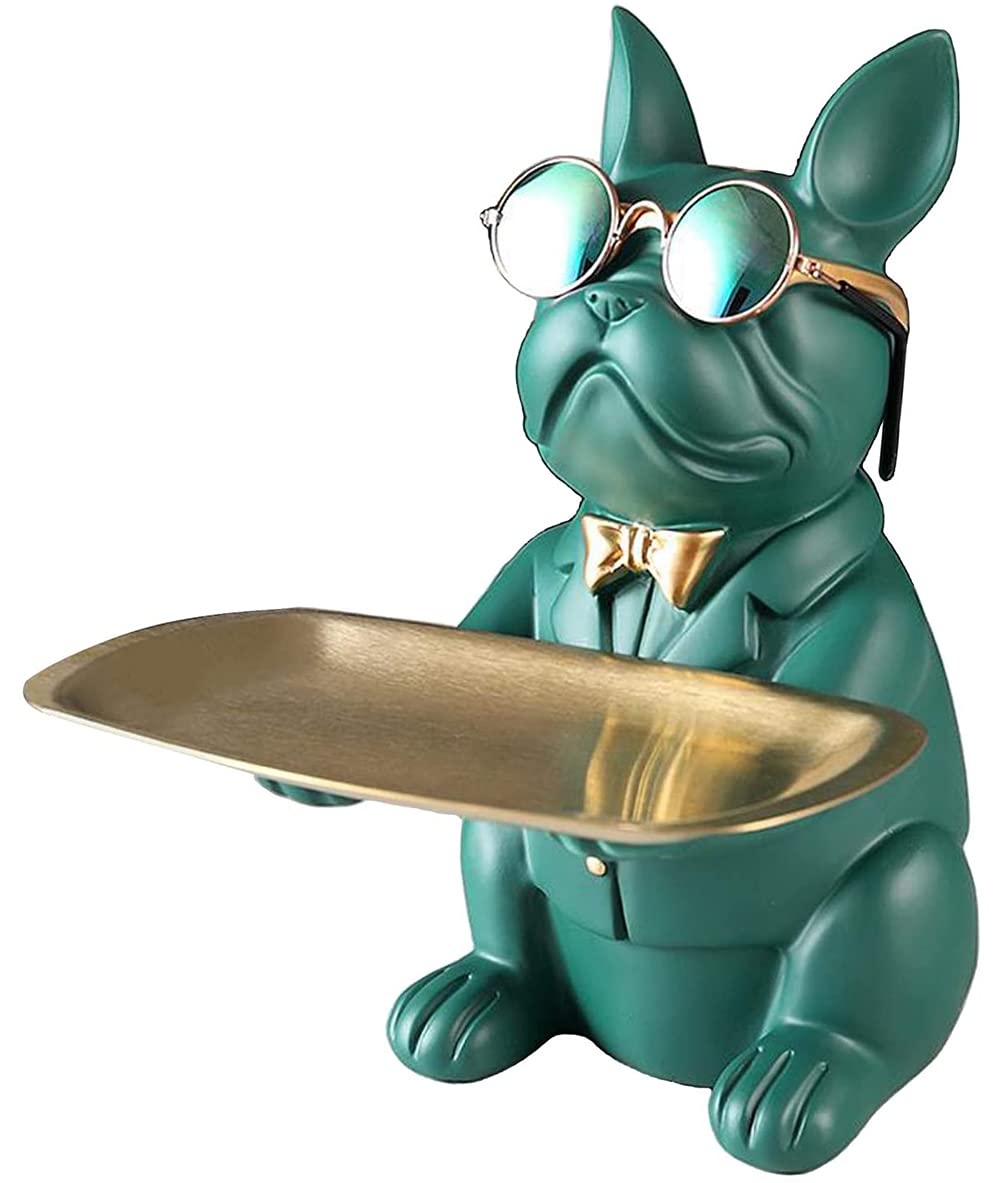 French Bulldog Resin Decorative Storage Tray - Modern Art Sculpture for Keys, Jewelry & Watches | Home Decor Figurine with Plate & Glasses | Perfect for Living Room, Bedroom or Office Desk Organization