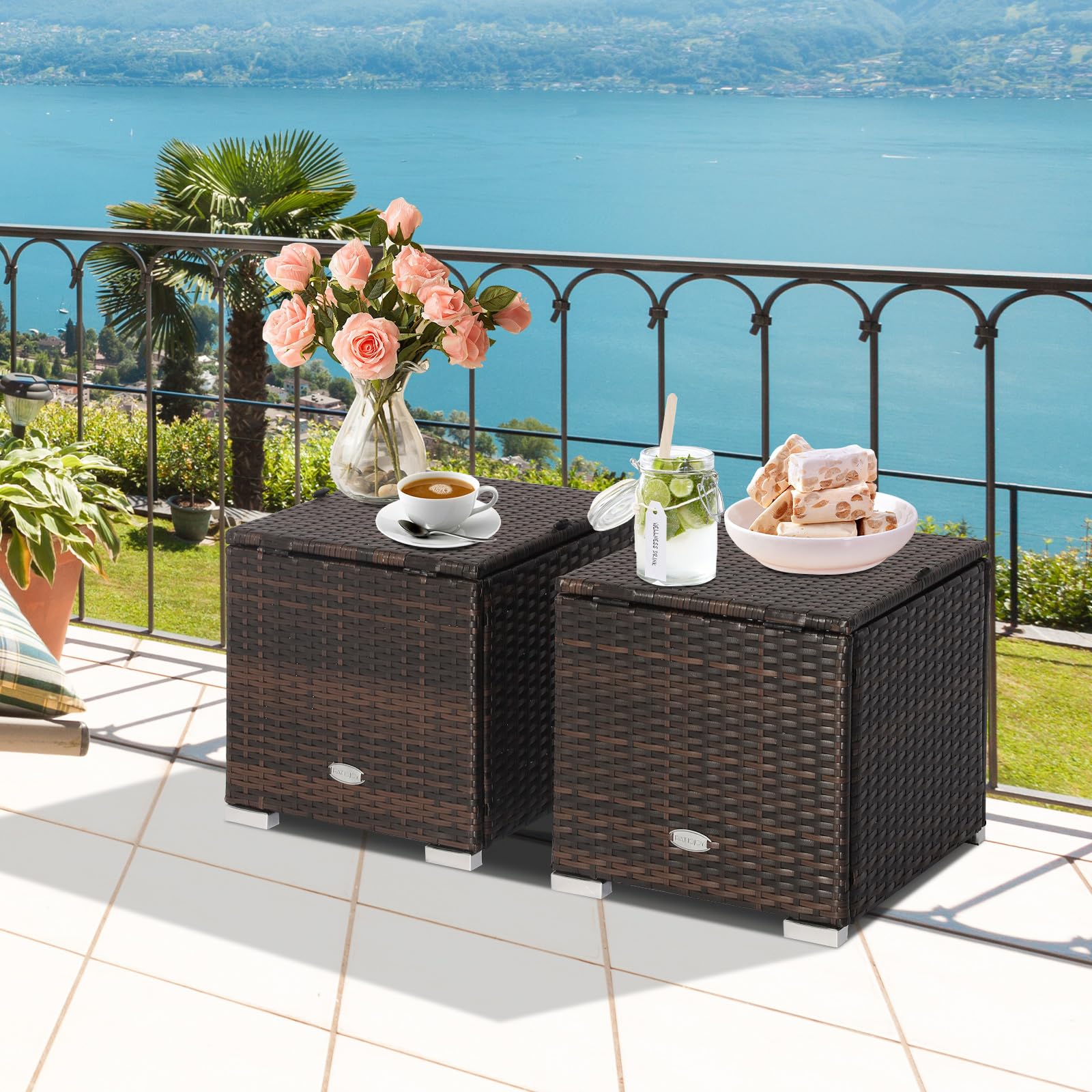 Tangkula 2-Piece PE Rattan Patio Ottoman Set with Removable Cushion & Hidden Storage - Multifunctional Side Table/Seat for Outdoor Living, Backyard, Poolside & Garden (Black) - Perfect for Relaxing, Entertaining & Stylish Storage Solutions