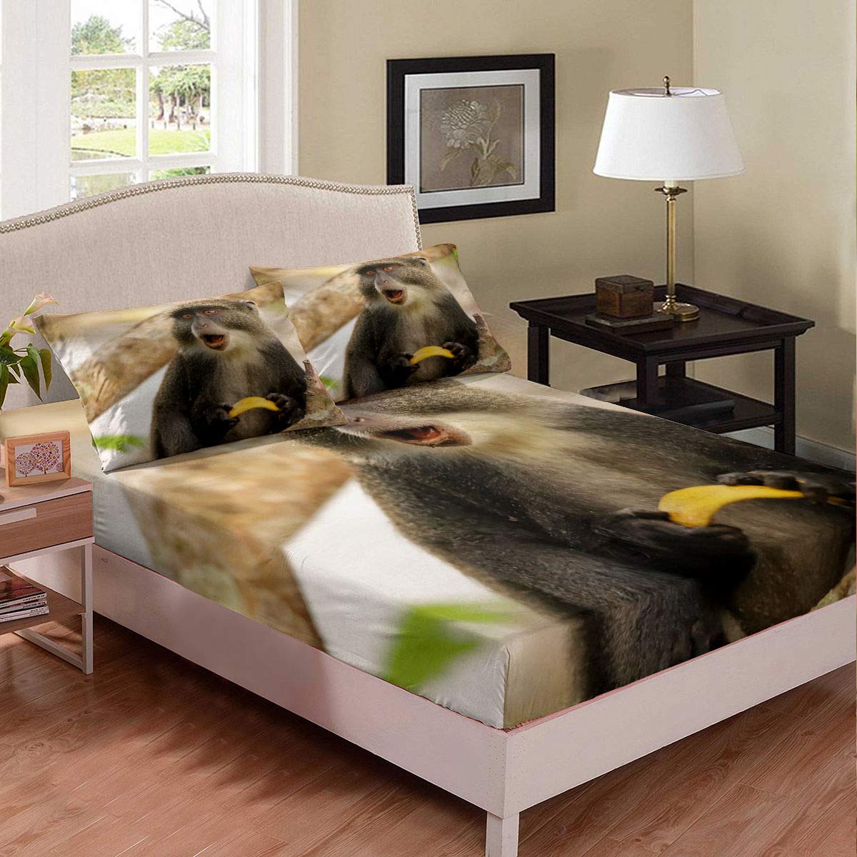 Monkey Kids Fitted Sheet Queen Size - Banana Fruit Pattern Wild Safari Theme Bedding Set for Children & Teens - Soft Cozy Animal Print Bed Cover for Jungle Themed Bedroom Decor | Perfect for Kids' Rooms, Dorm Decor & Nursery