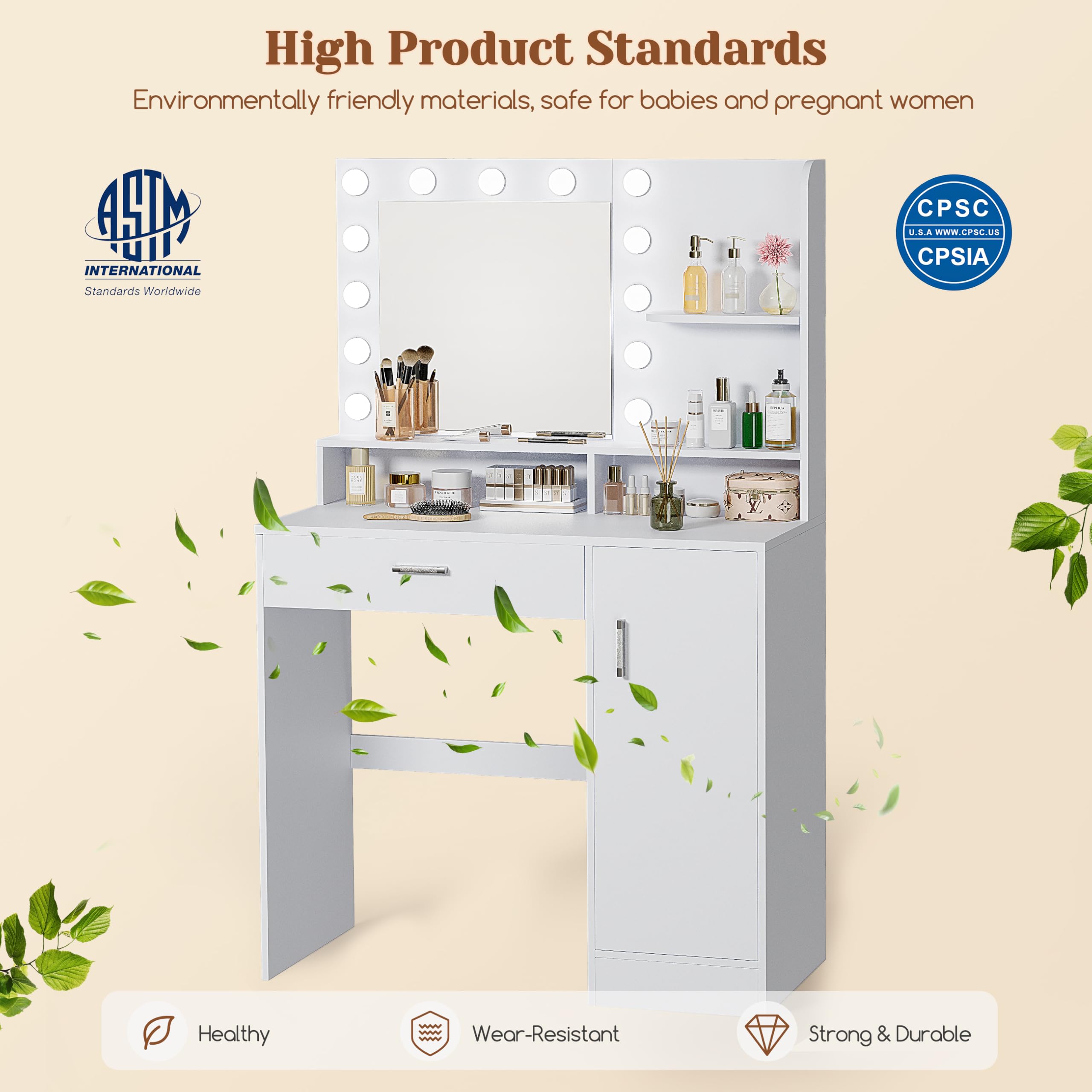 Vanity Desk with Mirror & LED Lights - White Makeup Dressing Table with Storage Drawers & Cabinet, 3 Lighting Modes & 10 Brightness Levels - Perfect for Bedroom, Dressing Room & Home Salon (Ideal for Makeup Application, Skincare Routine & Beauty Organization)