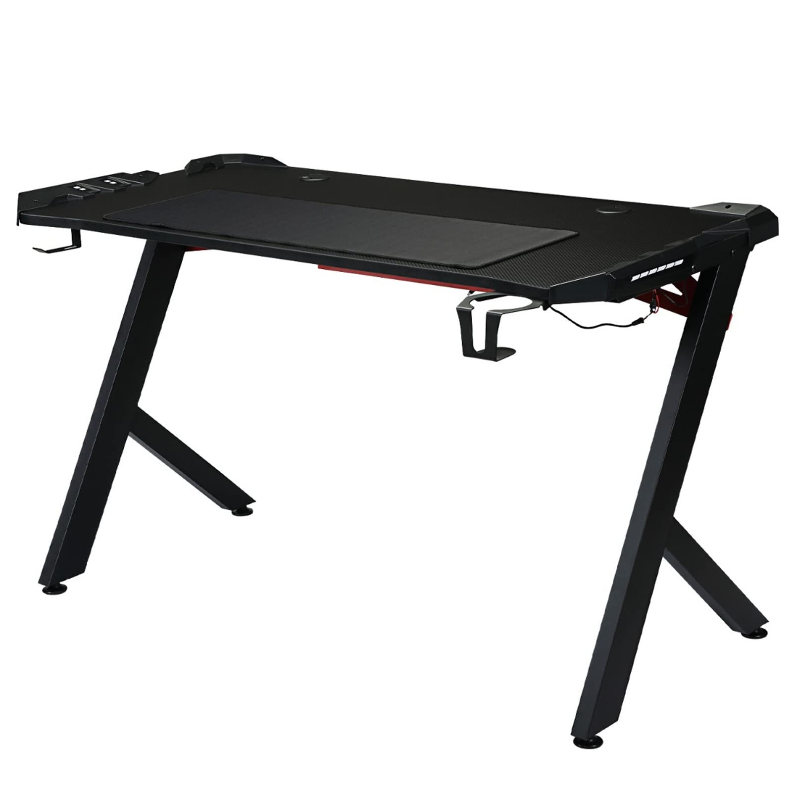 48 Inch R-Shaped Gaming Desk with LED Lights, Cup Holder & Headphone Hook - Professional Computer Desk for Gamers with Free Mouse Pad (Black) | Perfect for Esports, Streaming & Home Office Setup