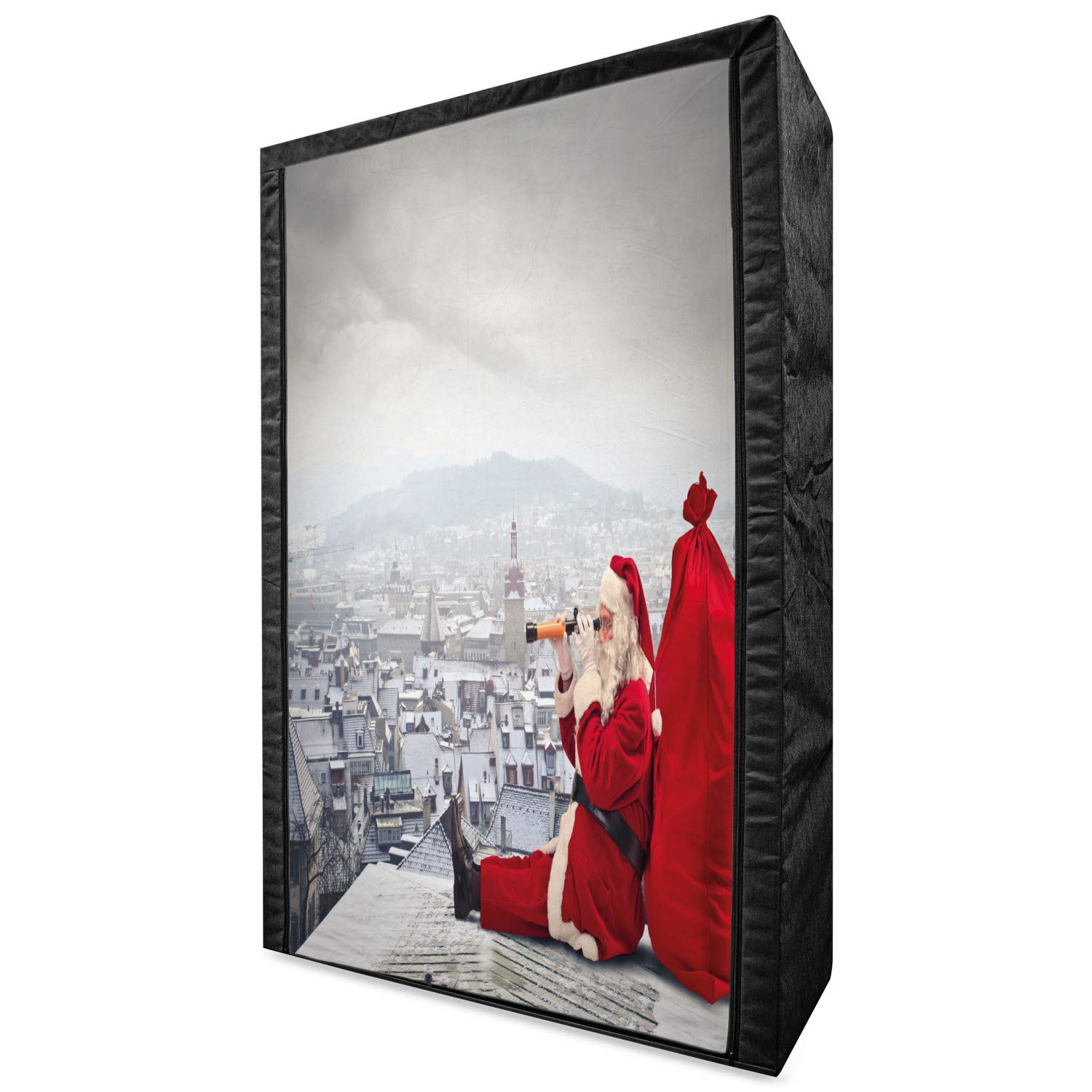 Ambesonne Christmas Portable Fabric Wardrobe - Santa Claus Roof Top Binoculars Cloudy Cityscape Design, 42.5 Inch Clothing Organizer with Shelves, Red & Pale Grey | Holiday Storage Solution for Bedroom, Closet & Seasonal Decor Organization