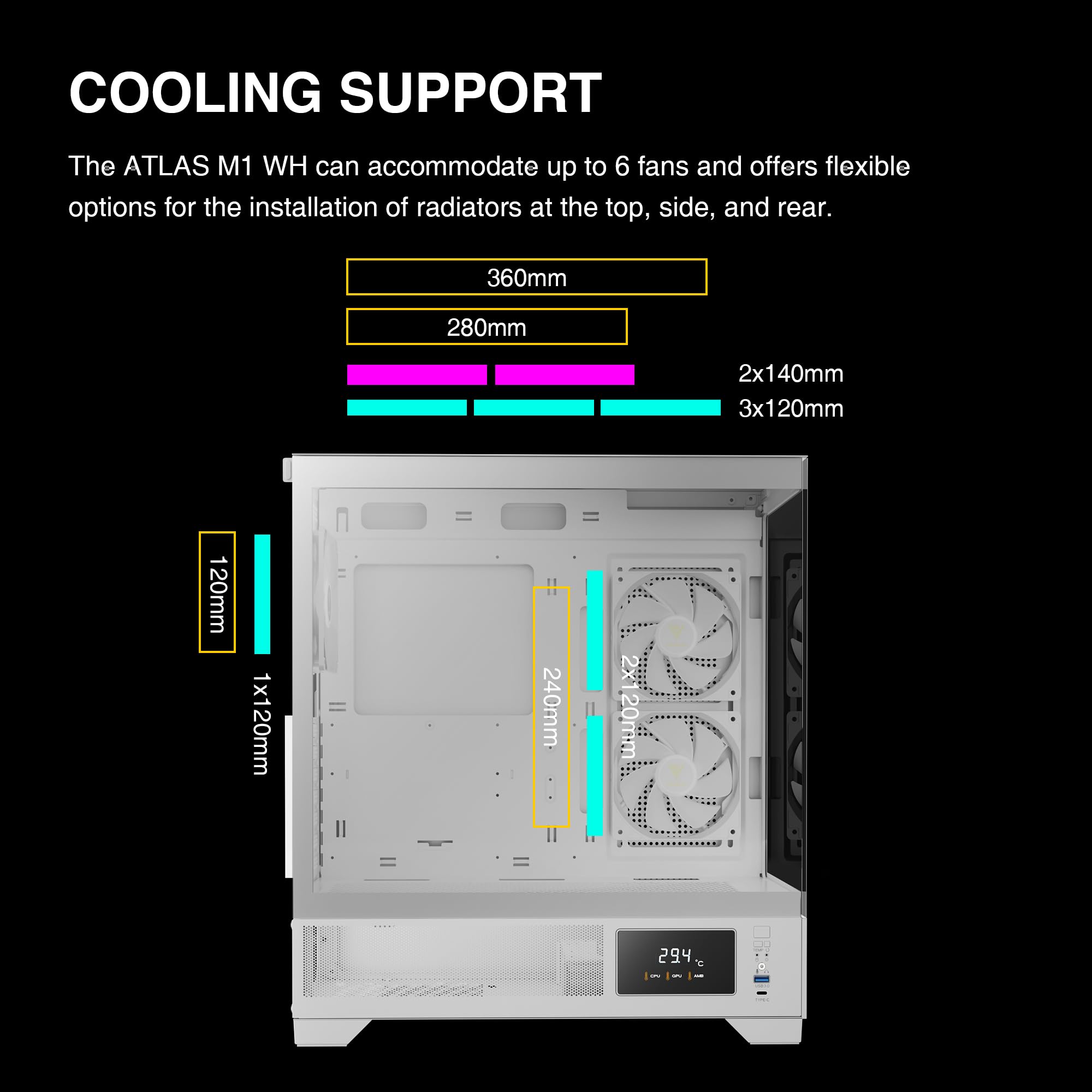 GAMDIAS White Mid Tower ATX Gaming PC Case with Tempered Glass Side Panel & LED Display - Built-in 3x120mm ARGB PWM Fans, Supports RTX GPU (410mm) & 360mm AIO Radiator - Perfect for High-Performance Gaming Rigs & Streaming Setups