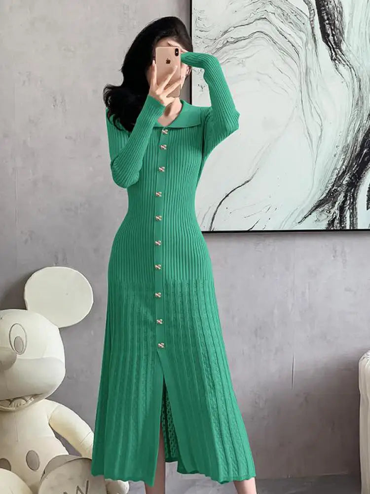 Autumn 2024 Women's Elegant Black & Beige Knit Long Dress - Single Breasted Office Wear with Long Sleeves & Pleated Design | Perfect for Business Meetings, Work Attire & Formal Occasions