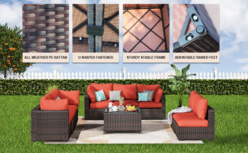 Grezone 7-Piece Outdoor Sectional Sofa Set with High Backrest - All-Weather PE Rattan Patio Furniture with Coffee Table, Cushions & Black Glass Table (Red) - Perfect for Backyard, Garden, Poolside & Outdoor Entertaining