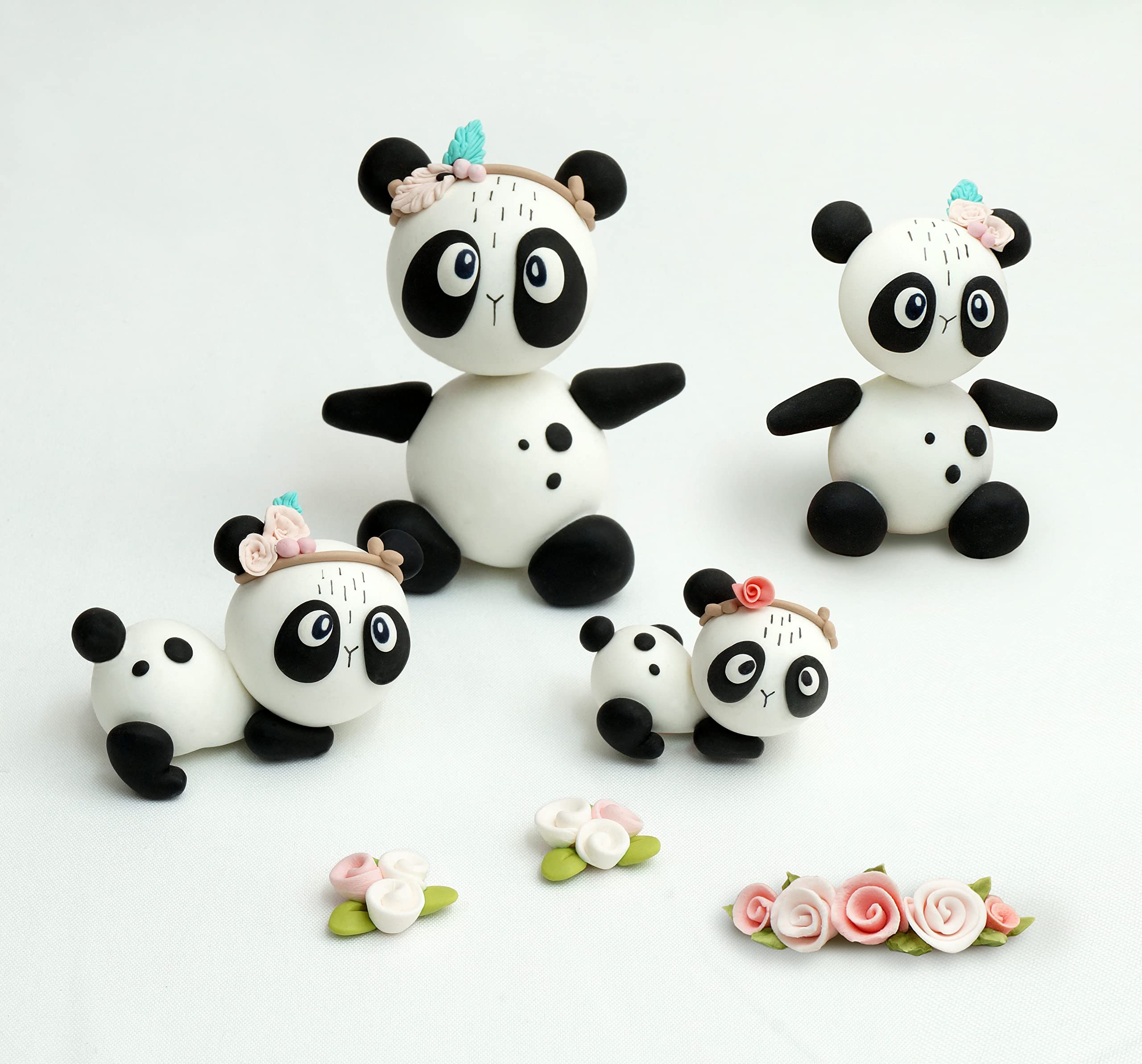 Handmade Clay Panda Cake Topper Set with Flowers - 7-Piece Panda Figurines for Birthday Cakes, Baby Showers & Special Events - Adorable Panda Cake Decorations for Wedding, Anniversary & Party Desserts