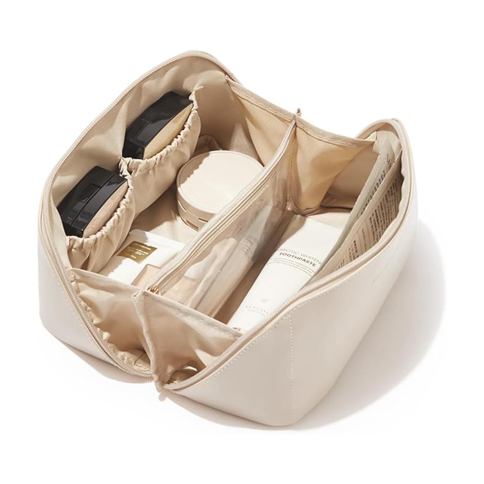 Waterproof Travel Makeup Bag for Women - Large Capacity Cosmetic Organizer with Divider & Handle, Portable Flat Open Toiletry Pouch (White) | Perfect for Air Travel, Gym, Beach Trips & Daily Makeup Storage
