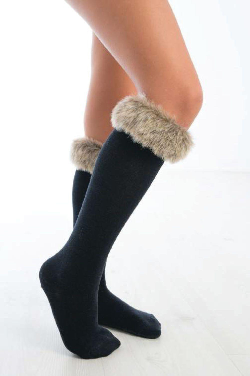 Brown Faux Fur Cuff Knee High Socks for Women - Warm Winter Boot Socks for Cold Weather - Cozy & Stylish Knee-Length Socks for Boots, Outfits & Lounge Wear