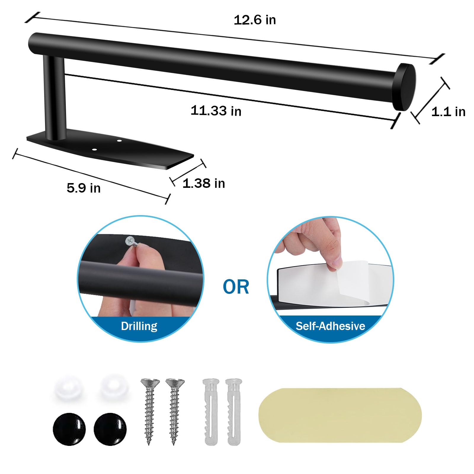 Stainless Steel Under Cabinet Paper Towel Holder - Wall Mount & Self Adhesive Kitchen & Bathroom Paper Towel Roll Rack - SUS304 Black Paper Towel Bar for Easy Access & Space Saving (Perfect for Small Kitchens, RVs & Apartments)