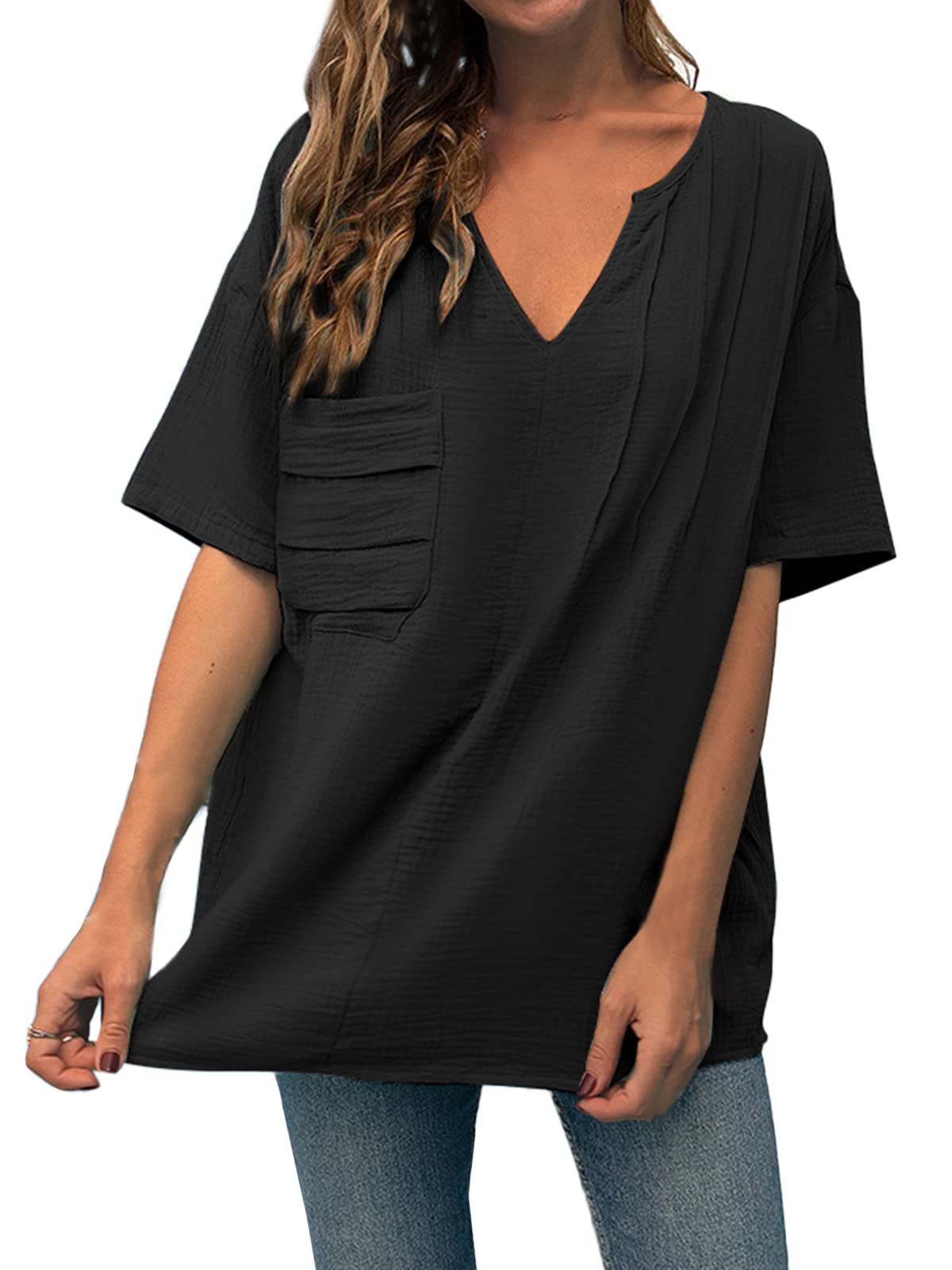 Celmia Women's Cotton Kaftan Tops - V-Neck Short Sleeve T-Shirt with Pocket | Casual Summer Beach Cover Up, Lounge Wear & Boho Style Outfit