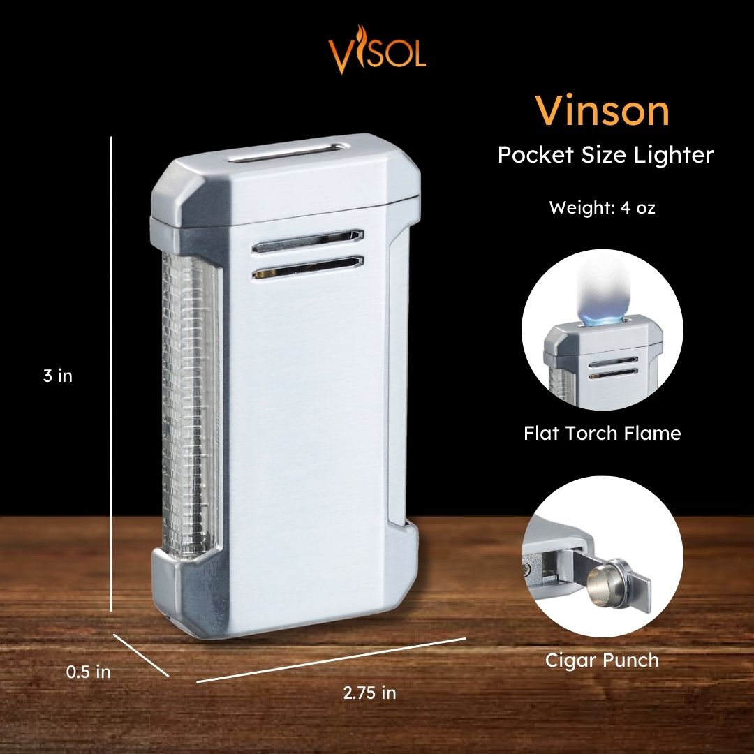 Visol Vinson Refillable Butane Torch Lighter with Flat Flame & Built-in Cigar Punch - Silver | Perfect for Cigars, Candles, Camping & Outdoor Use